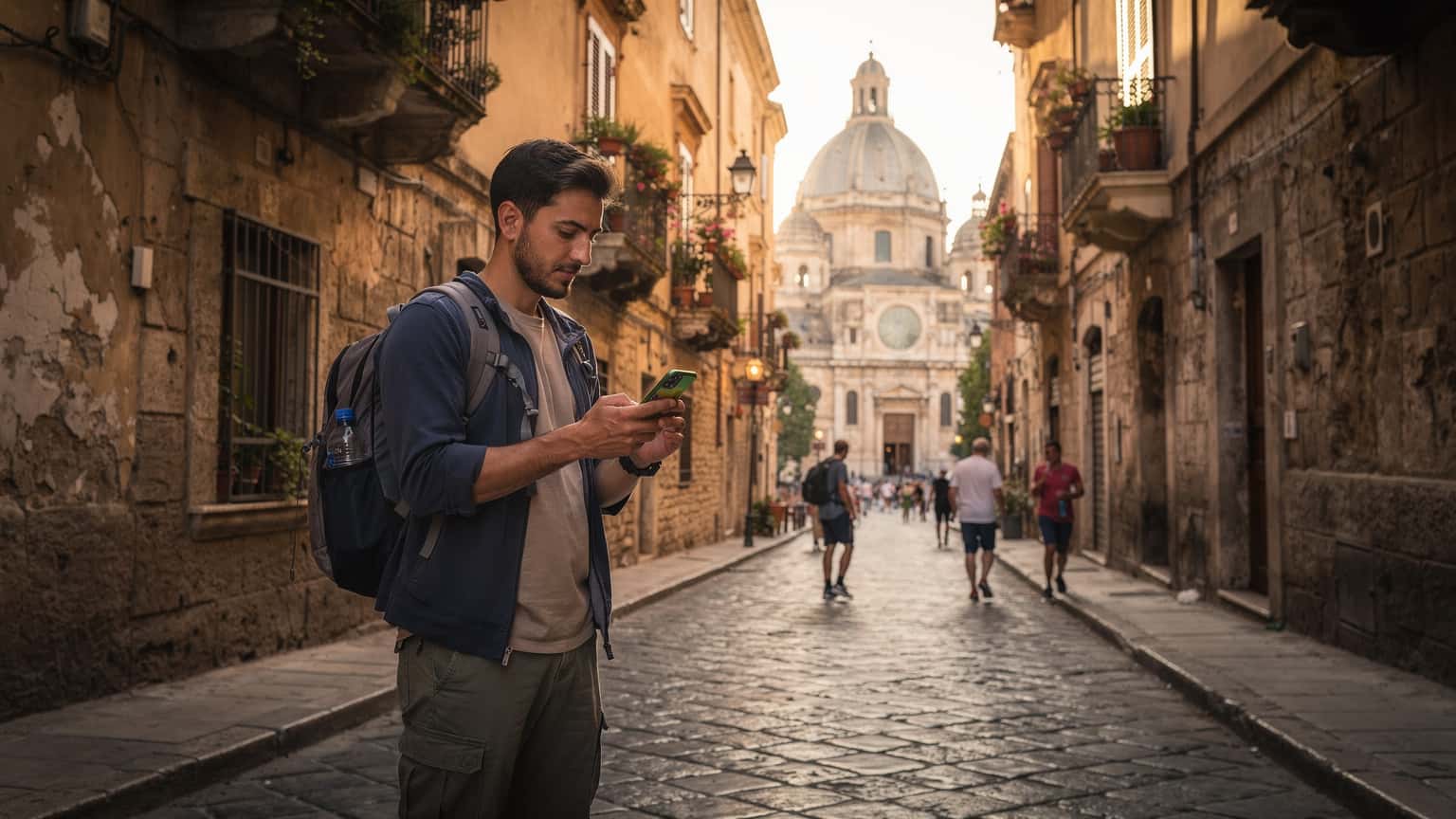Un tânăr rucsacar român, cu un telefon în mână, verificând harta pe o stradă pietruită din Palermo, Sicilia, cu o catedrală impresionantă în fundal și localnici trecând pe lângă el.
