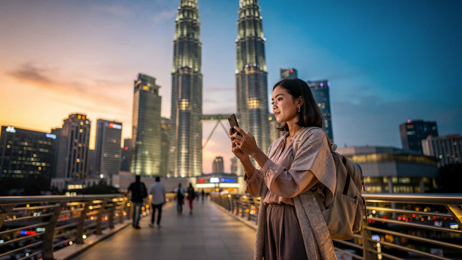 Seorang pengembara wanita memegang telefon di tangan di hadapan Menara Berkembar Petronas Kuala Lumpur yang tersergam indah pada waktu senja, skrin telefon memaparkan ikon isyarat yang kuat.