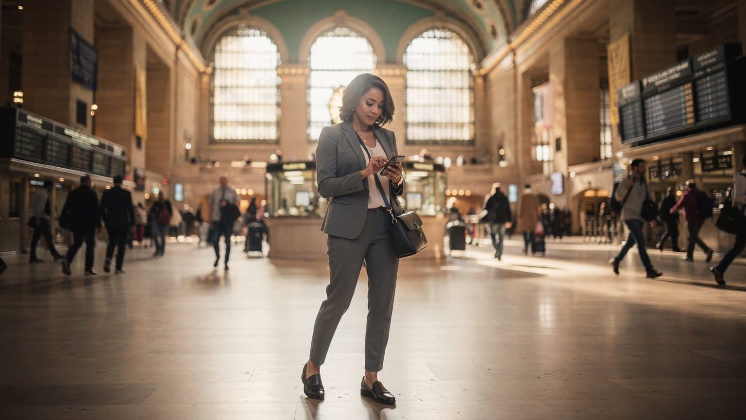 A woman confidently navigating her smartphone in the bustling Grand Central Terminal in New York City, surrounded by historic architecture and commuters.
