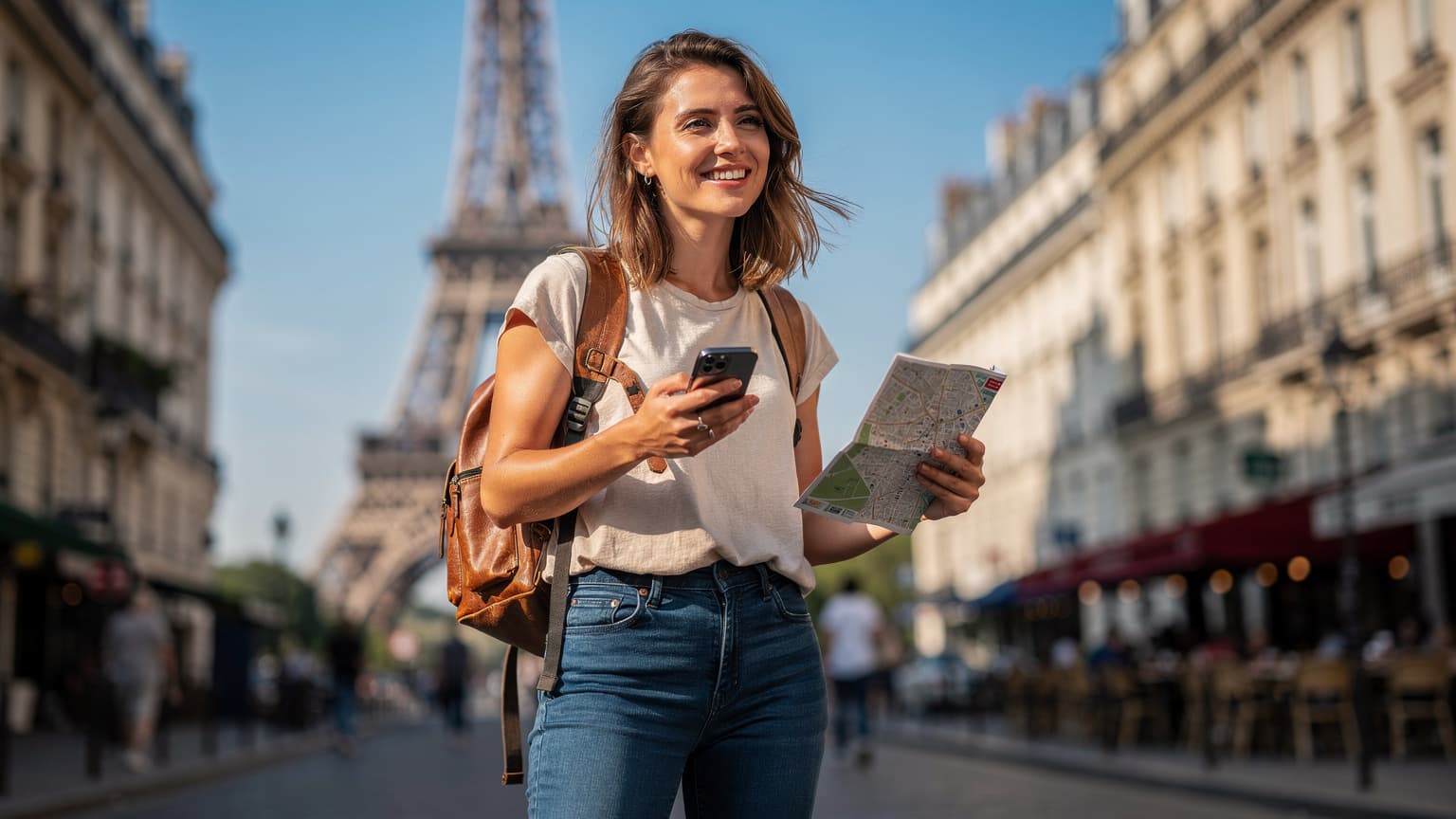 Uma jovem mochileira sorri enquanto segura seu smartphone com uma mão e um mapa com a outra, no fundo a Torre Eiffel em Paris em um dia ensolarado, demonstrando conectividade e planejamento de viagem.