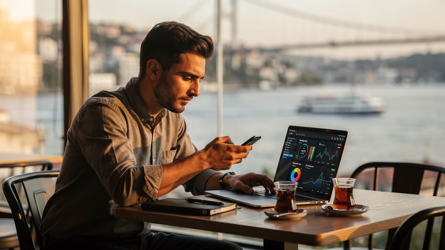 İstanbul Boğazı'na nazır bir kafede, genç bir mühendis dizüstü bilgisayarı ve akıllı telefonuyla eSIM hız testi sonuçlarını inceliyor, arka planda vapurlar geçiyor.