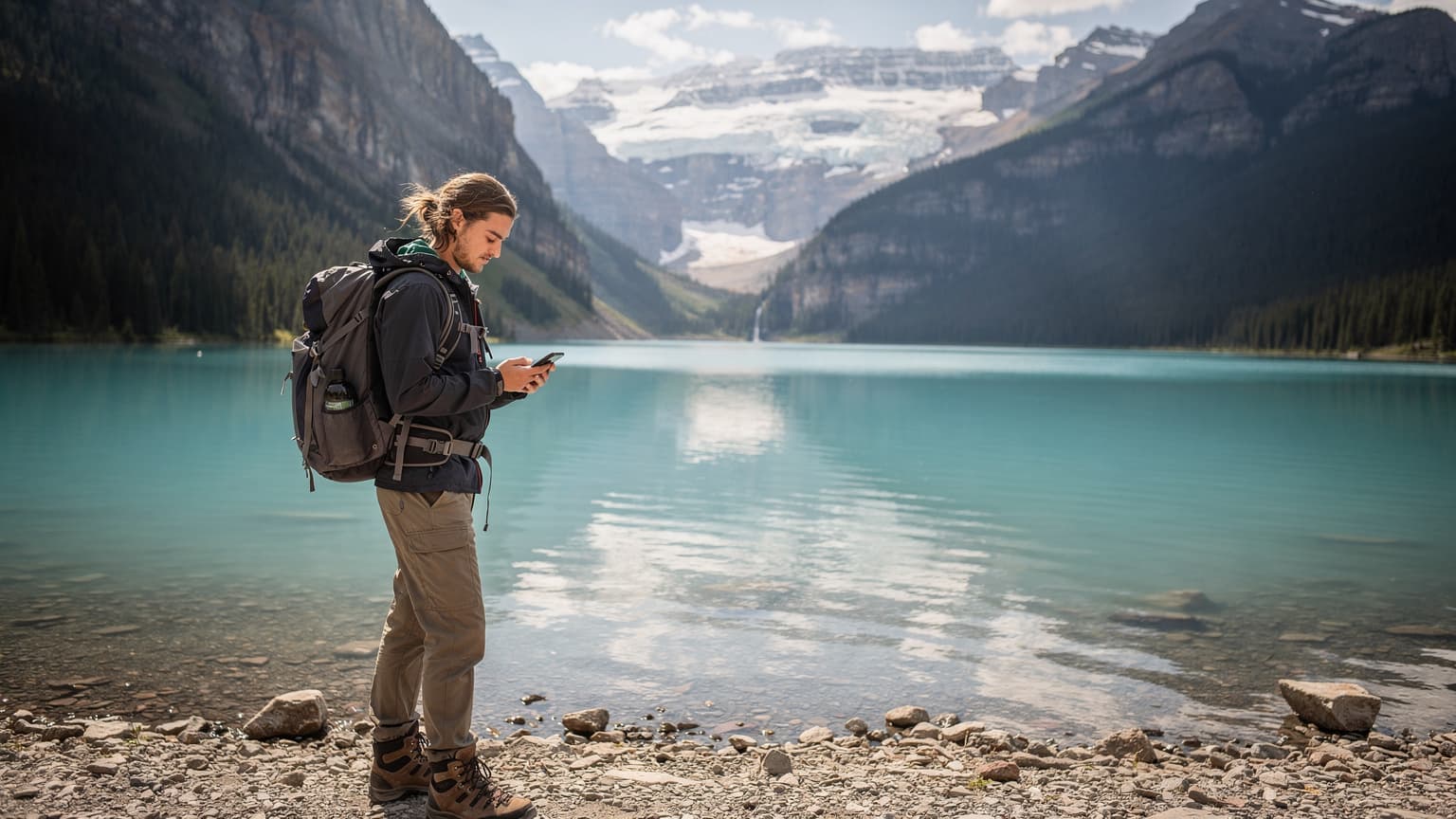 Eine Person betrachtet auf einem Smartphone eine digitale Karte während sie an einem See im Banff-Nationalpark in Kanada steht, umgeben von majestätischen Bergen und einem klaren Himmel.