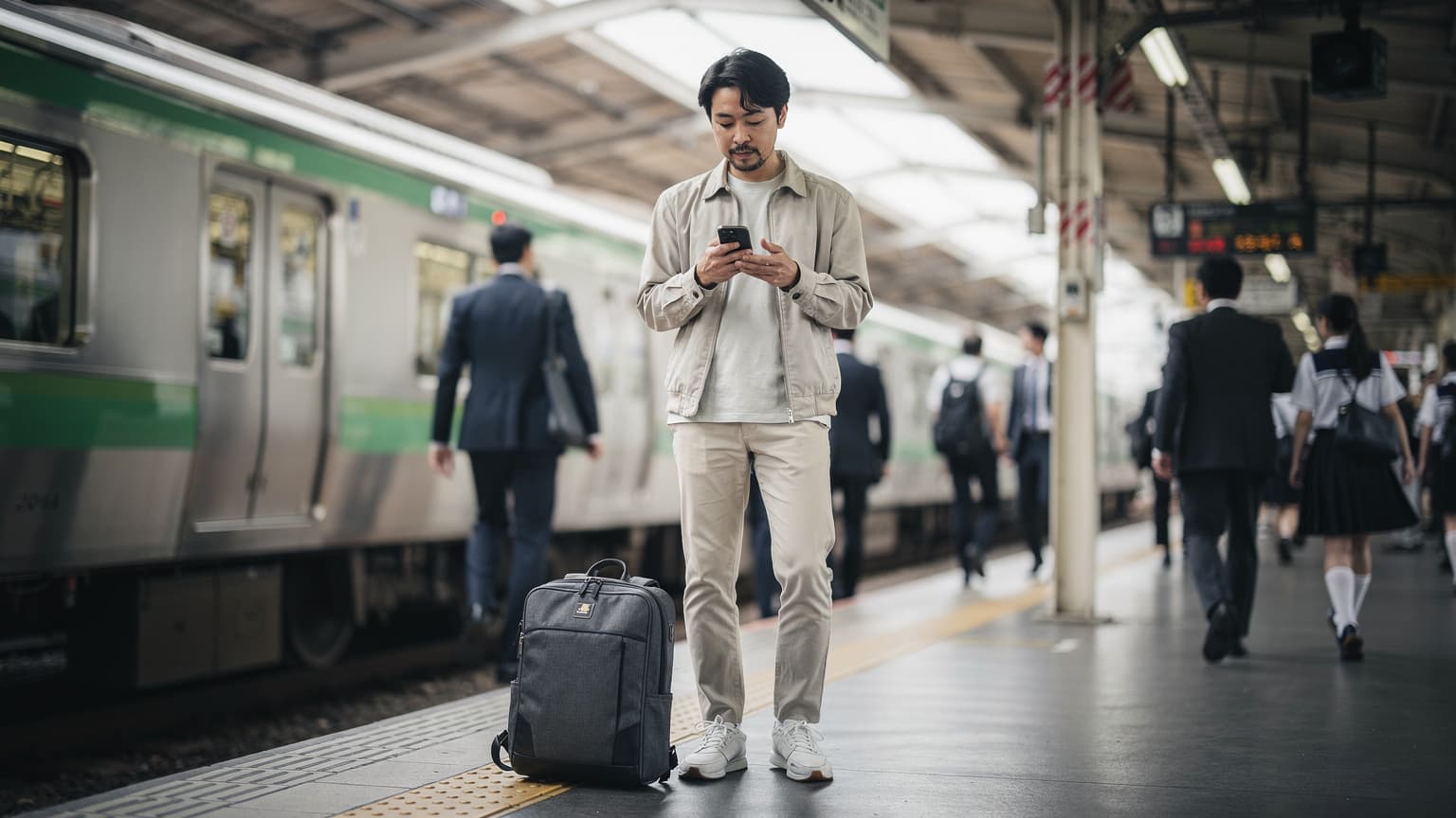 東京の新宿駅、JR山手線のホームで、スマートフォンを手にeSIM設定画面を確認している日本人旅行者。