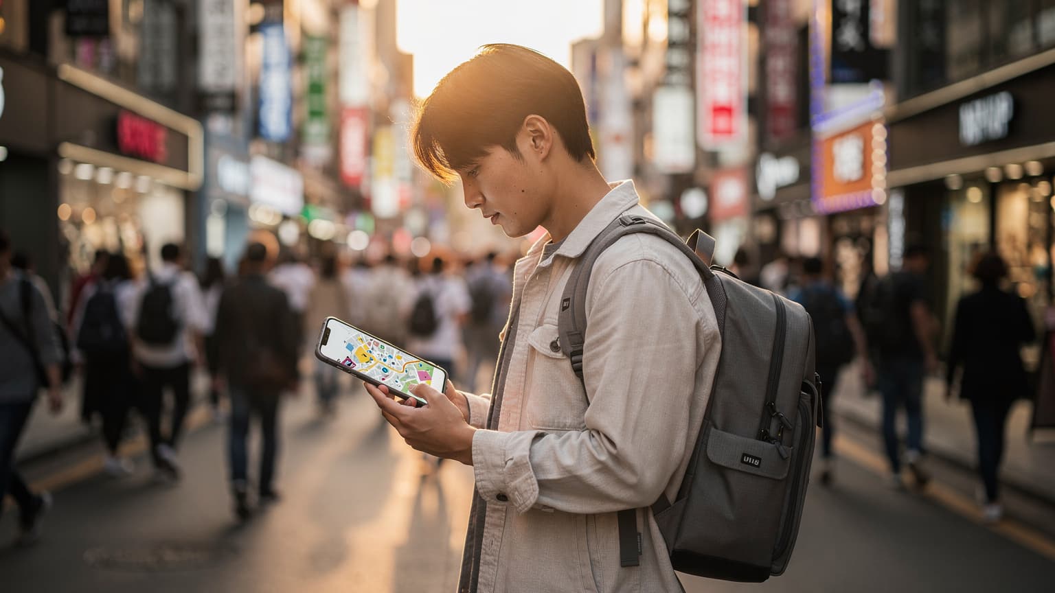 ソウル明洞の賑やかなストリートで、スマートフォンを操作しながら地図アプリを見ている日本人旅行者。