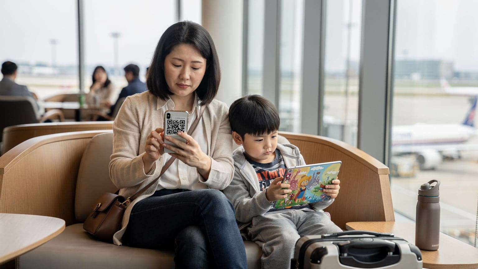 서울 김포공항 출국장 라운지에서 엄마가 아이폰으로 Cellesim eSIM QR코드를 스캔하며 아이에게 갤럭시 태블릿으로 애니메이션을 보여주는 모습.