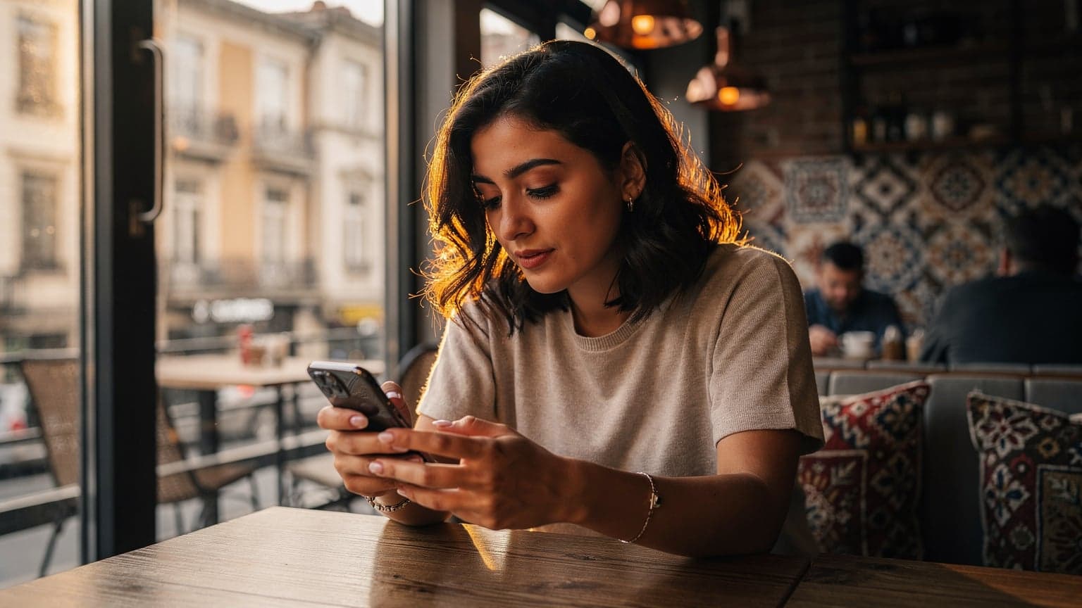 İstanbul'daki bir kafede elinde akıllı telefonuyla eSIM paketi karşılaştıran genç bir kadın, pencereden gelen altın ışıkla aydınlanmış.