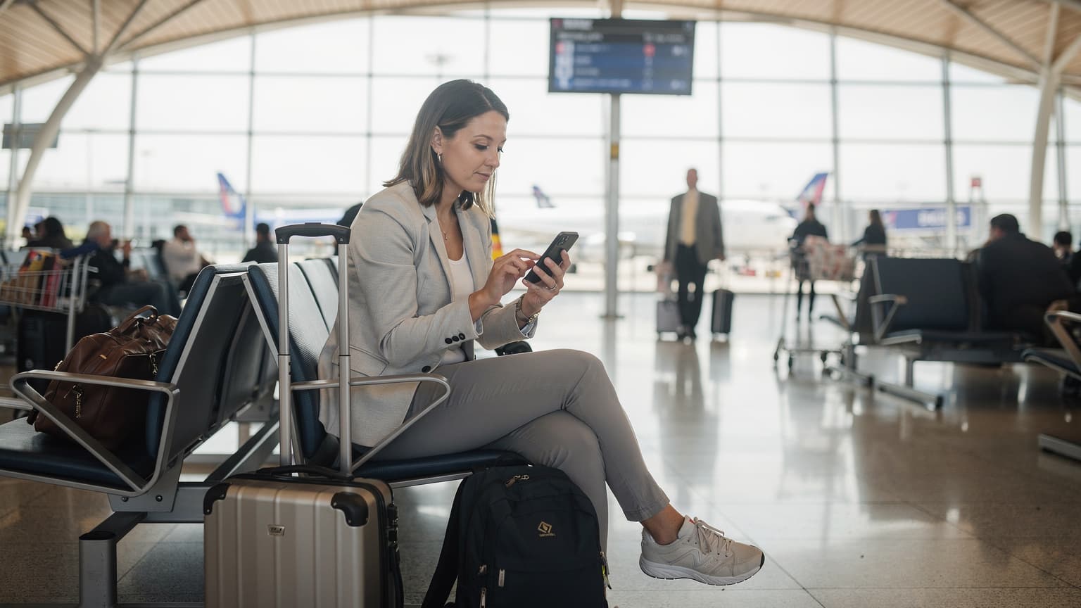 A woman confidently navigating her smartphone to activate an eSIM while waiting at a bustling departure gate at London Heathrow Airport, her passport and boarding pass nearby.