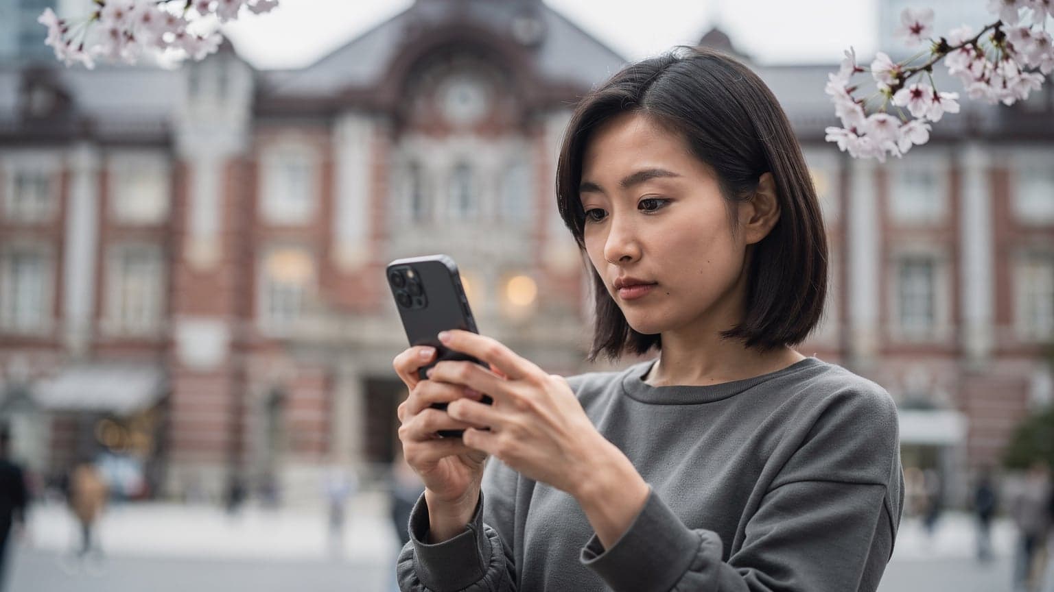 A woman holding a smartphone with a QR code visible on its screen, standing in front of a bustling train station in Tokyo, Japan, with cherry blossoms in the foreground.