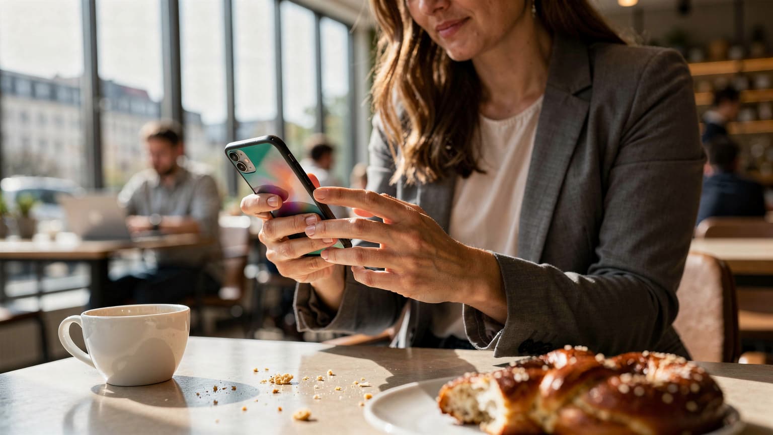 Eine Frau sitzt in einem Café in Berlin-Mitte, ihr Blick ist auf ein Smartphone gerichtet, während sie eine eSIM auf ihrem Gerät einrichtet. Ihr Laptop ist aufgeklappt, aber sie konzentriert sich auf die Smartphone-Einrichtung.