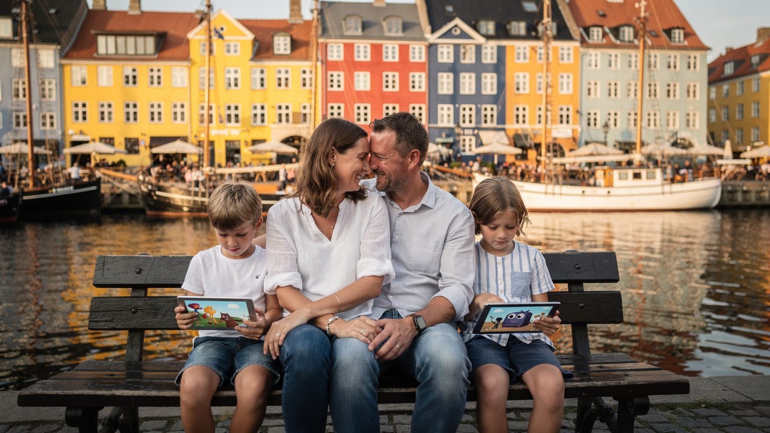 En familie sidder på en bænk ved Nyhavn i København, hvor forældrene smiler, mens børnene er opslugt af deres tablets med eSIM-forbindelse.