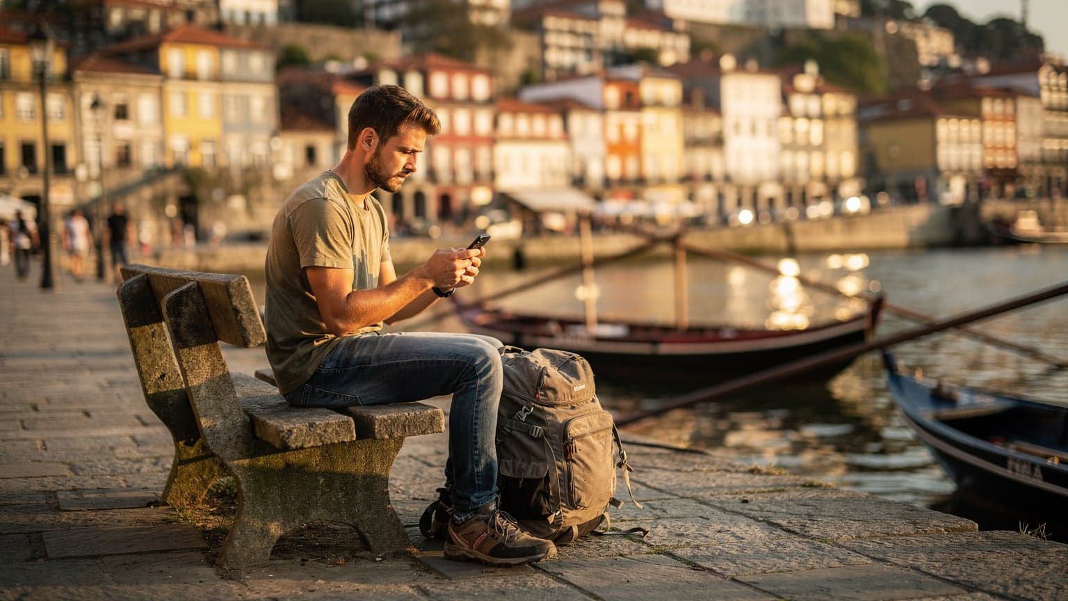 Um mochileiro com um celular na mão, olhando para o mapa digital enquanto está sentado em um banco no Cais da Ribeira, no Porto, com os barcos rabelos e as casas coloridas ao fundo.