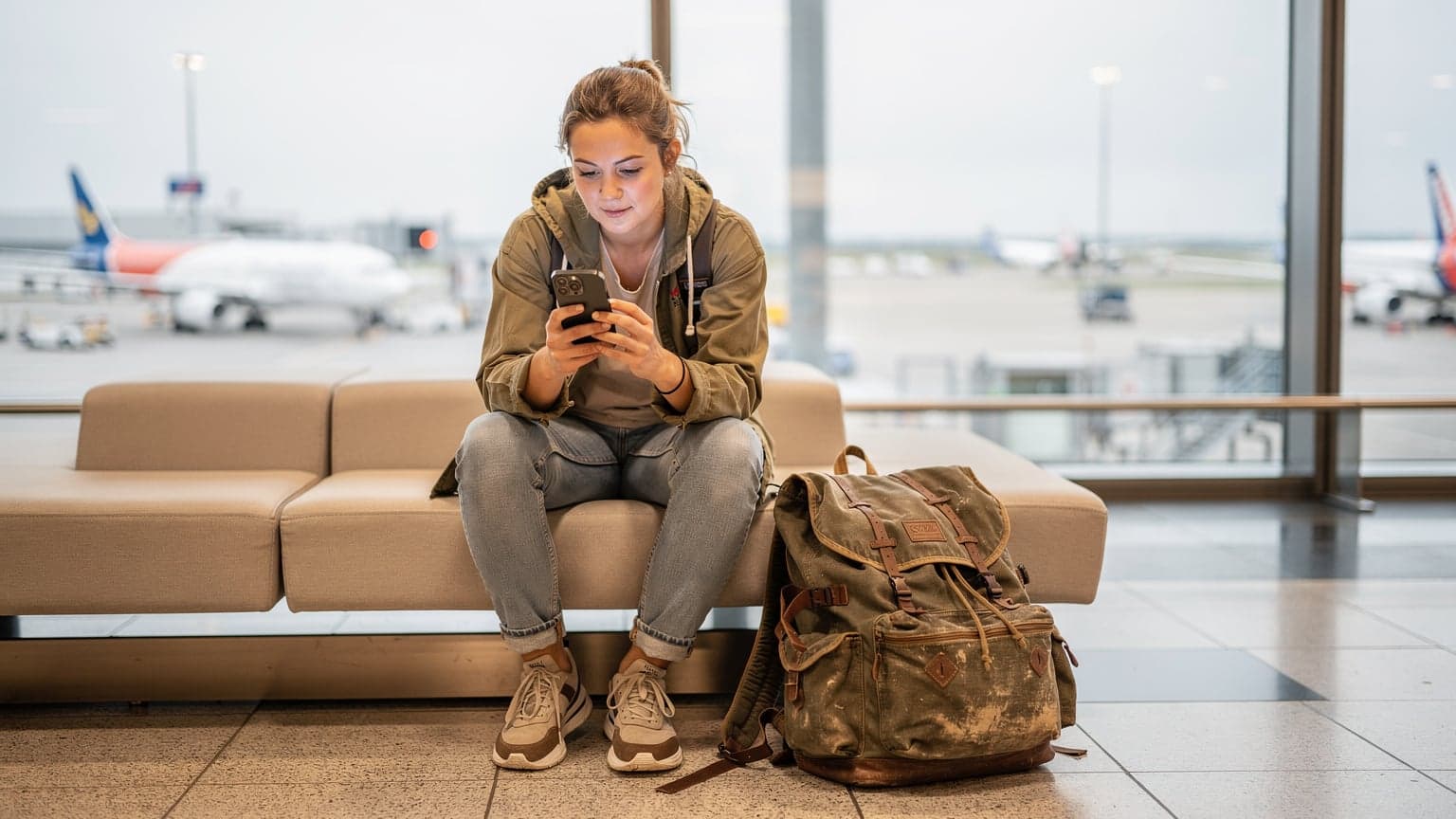 Een jonge reiziger bekijkt de eSIM-installatie stappen op haar iPhone 16 terwijl ze in de vertrekhal van Schiphol Airport zit, met haar backpack naast zich.