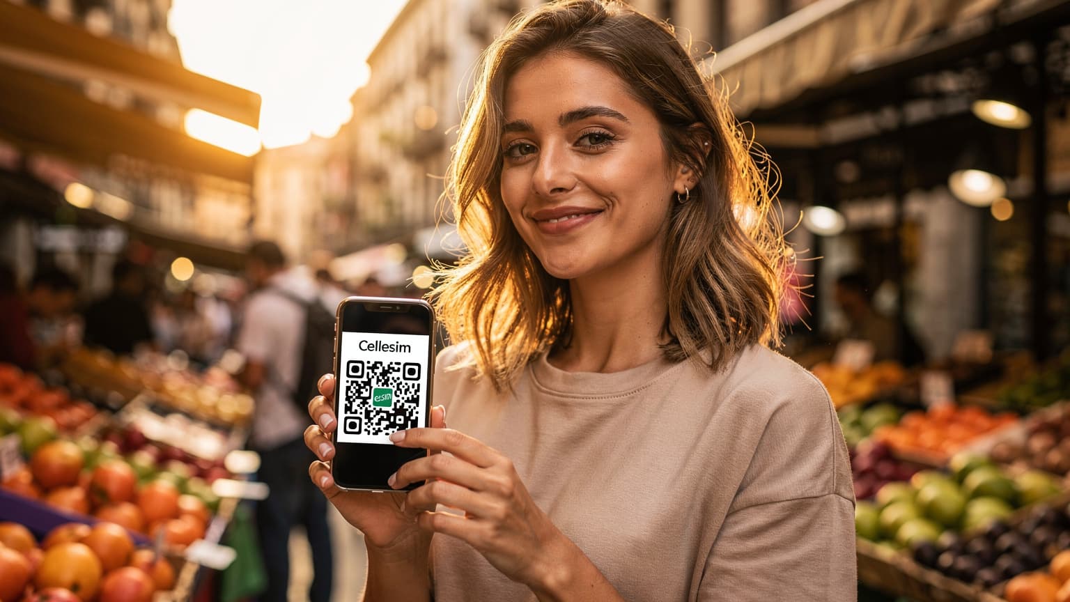 A woman smiles while holding her smartphone, displaying a Cellesim eSIM QR code, against the backdrop of a vibrant, bustling summer street market in Barcelona, Spain.