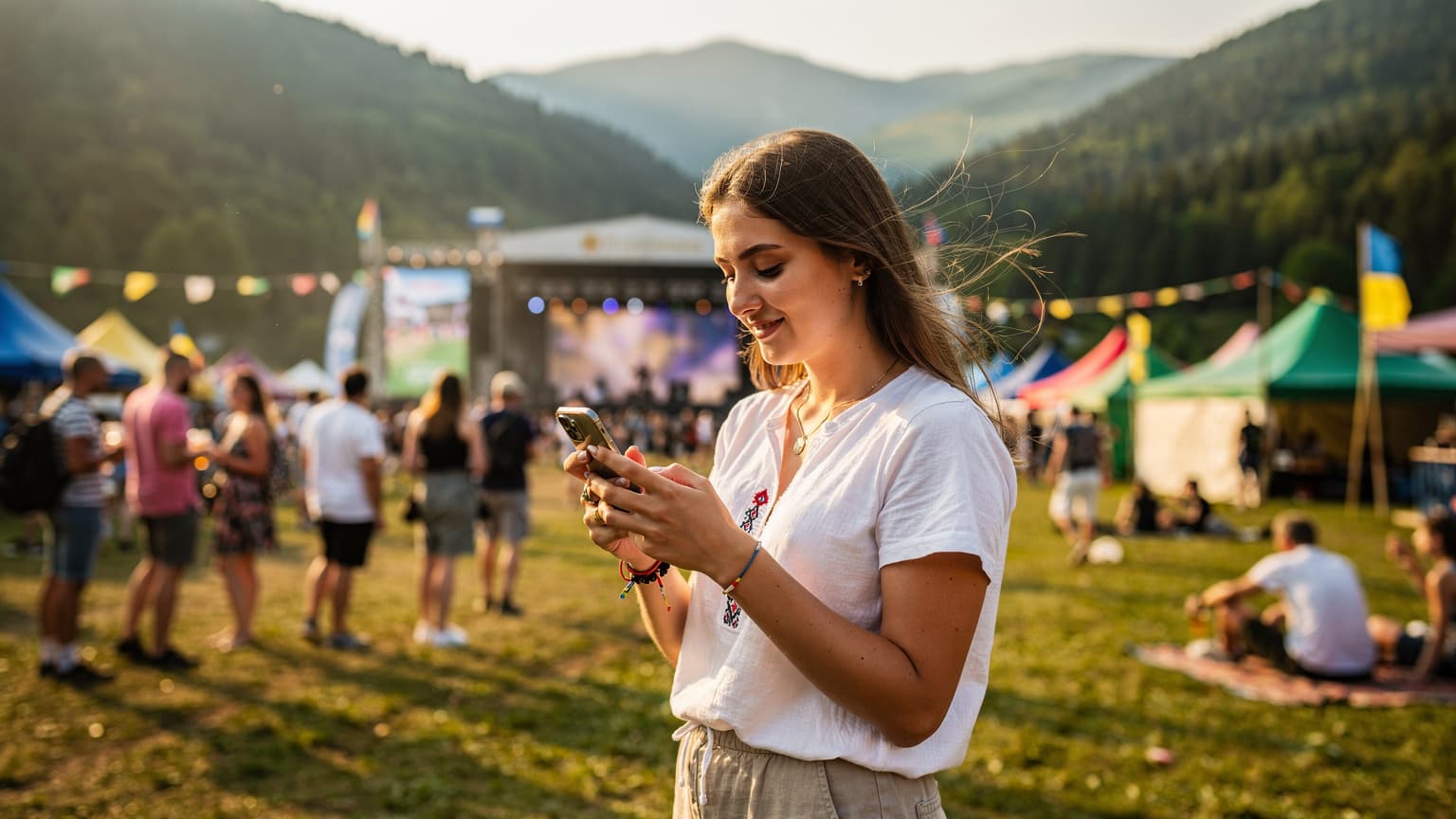 Молода жінка з України використовує смартфон з eSIM на музичному фестивалі під відкритим небом в Карпатах, насолоджуючись музикою та ділячись враженнями з друзями.