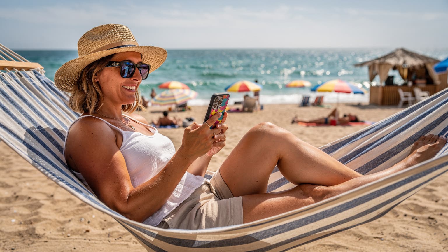 Una mujer sonriente, de unos 30 años, sostiene un teléfono con una funda colorida mientras se relaja en una hamaca de rayas azules y blancas, con el mar Mediterráneo y sombrillas de playa al fondo, en la playa de La Malagueta en Málaga, España.