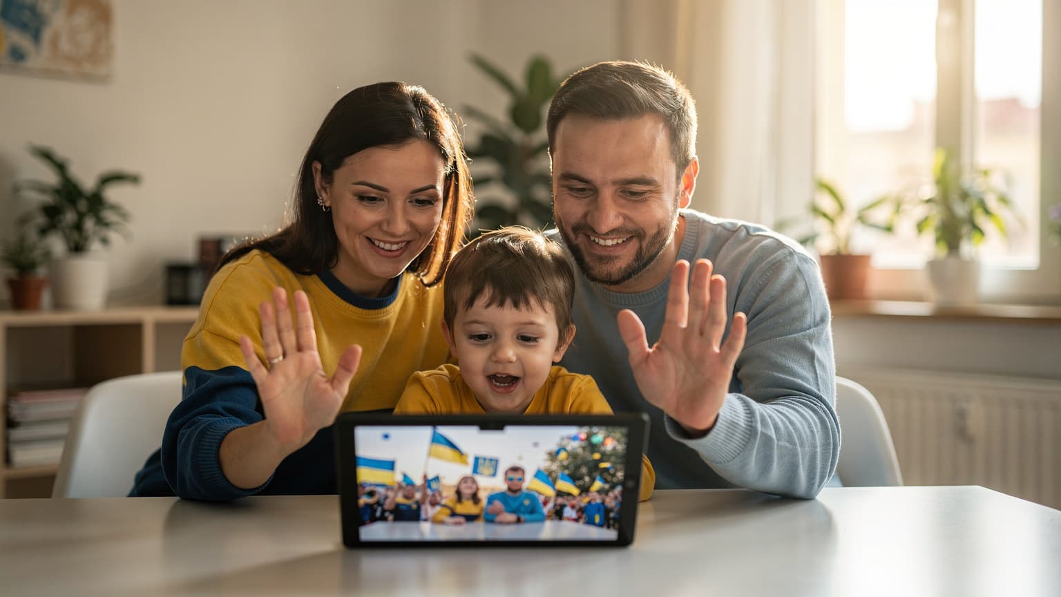 Українська родина дивиться святкування Дня Незалежності України по відеозв'язку на планшеті, перебуваючи за кордоном, на задньому плані видно затишну європейську квартиру.