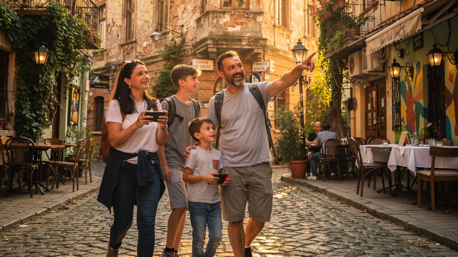Belgrad'ın Skadarlija bölgesinde tarihi Arnavut kaldırımlı sokakta yürüyen, telefonlarından bir şeyler kontrol eden gülümseyen bir aile.