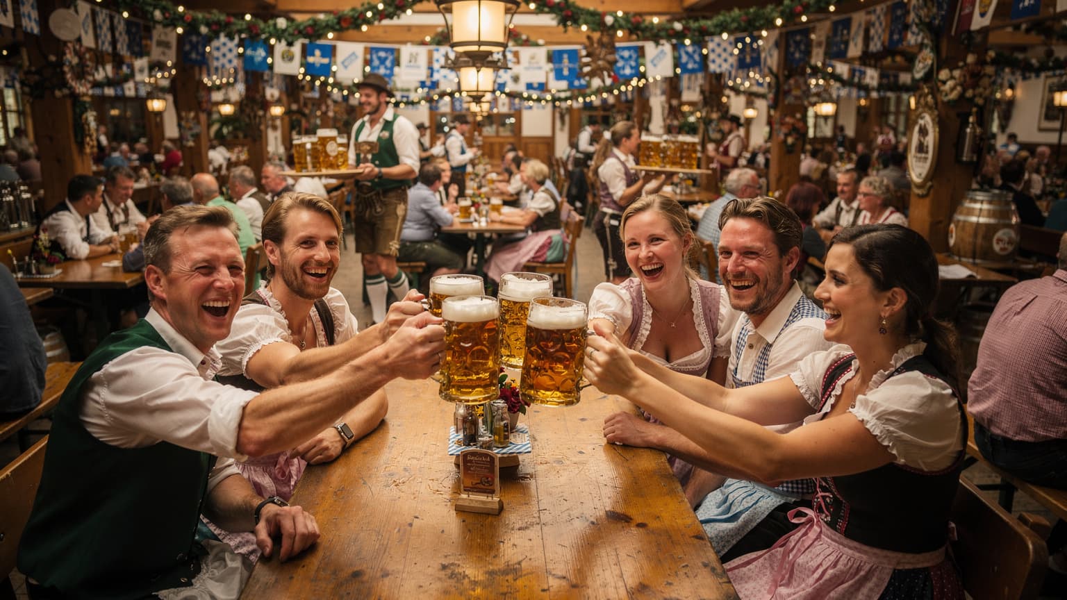 En gruppe venner skåler med store ølglass ved et trebord i en livlig ølhall i München, med tradisjonelle bayerske dekorasjoner i bakgrunnen.
