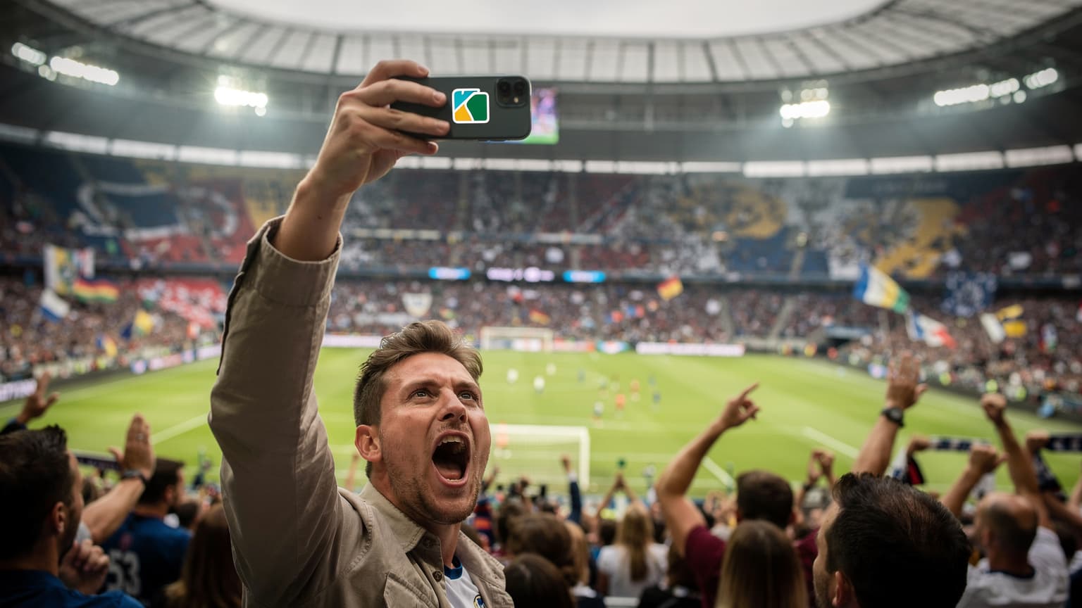 Ein jubelnder Fußballfan im Olympiastadion Berlin, der ein Smartphone mit einer eSIM in der Hand hält und gerade ein Tor filmt, während die Menge um ihn herum feiert.