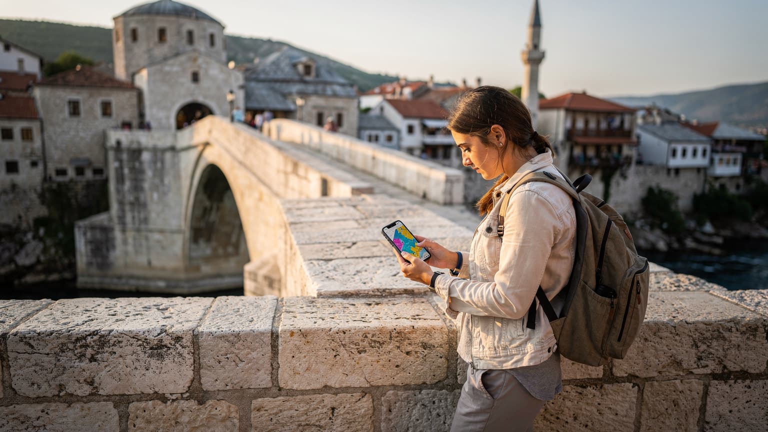 Mladá žena s batohom stojí pri starom kamennom moste v Mostare, Bosna a Hercegovina, drží smartfón a kontroluje si trasu.