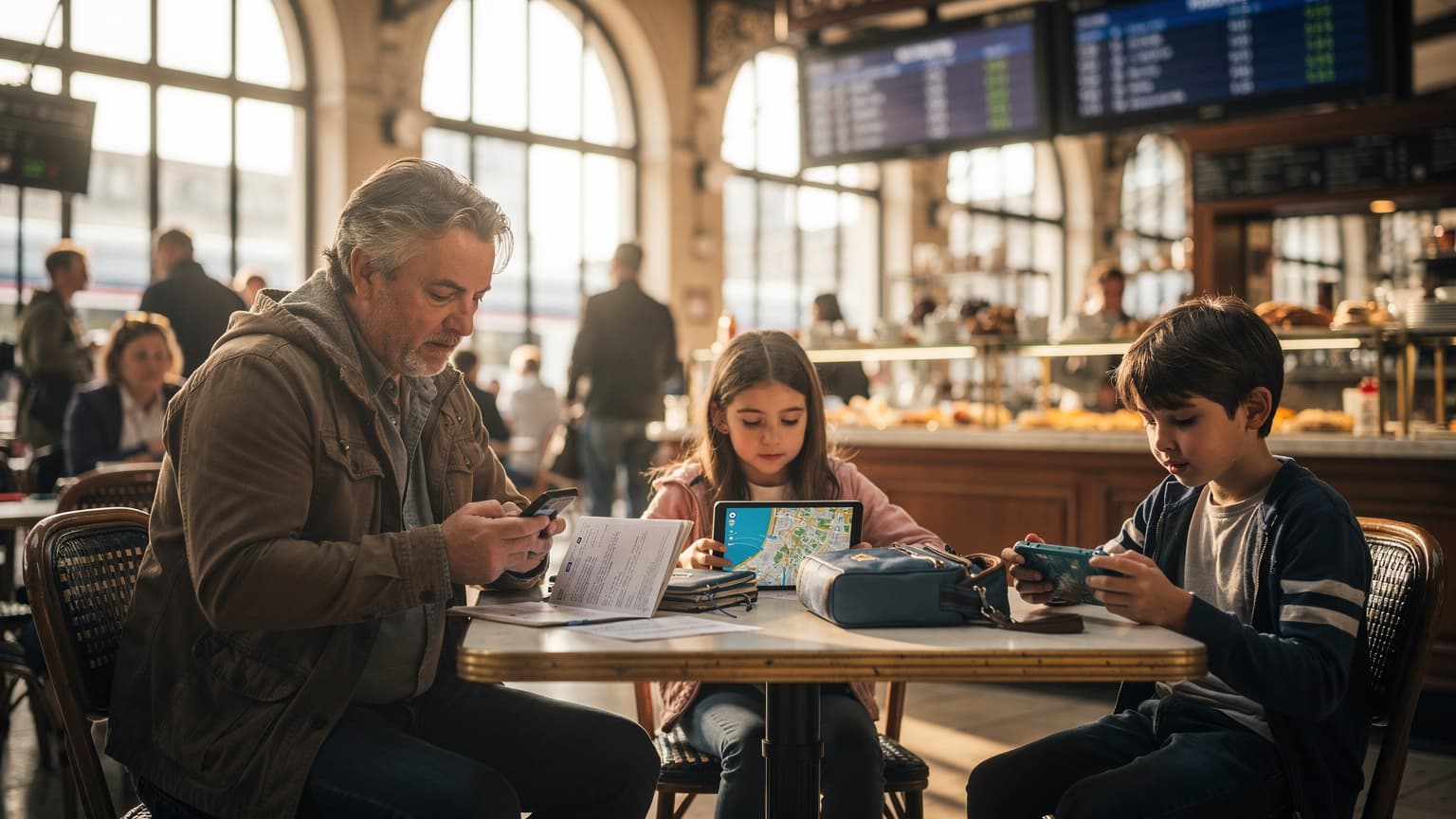 A parent and two children, aged 8 and 10, sitting at a cafe table in a bustling European train station, looking at their phones and a tablet with maps open.