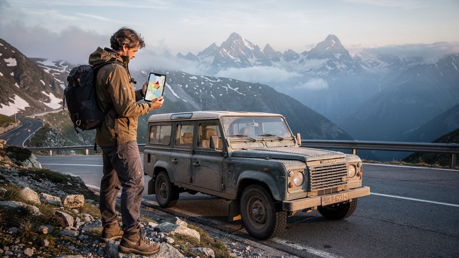 Eine Person betrachtet auf einem Smartphone eine digitale Karte vor dem Hintergrund majestätischer Alpenpässe mit einem klassischen Auto im Vordergrund.