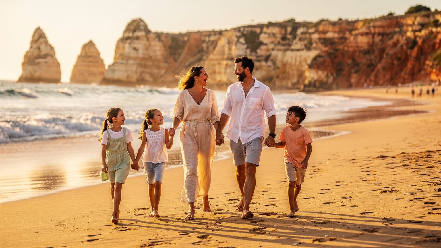 Uma família, incluindo dois pais e duas crianças de mãos dadas, caminhando alegremente por uma praia dourada na região do Algarve, em Portugal, sob o sol da tarde.