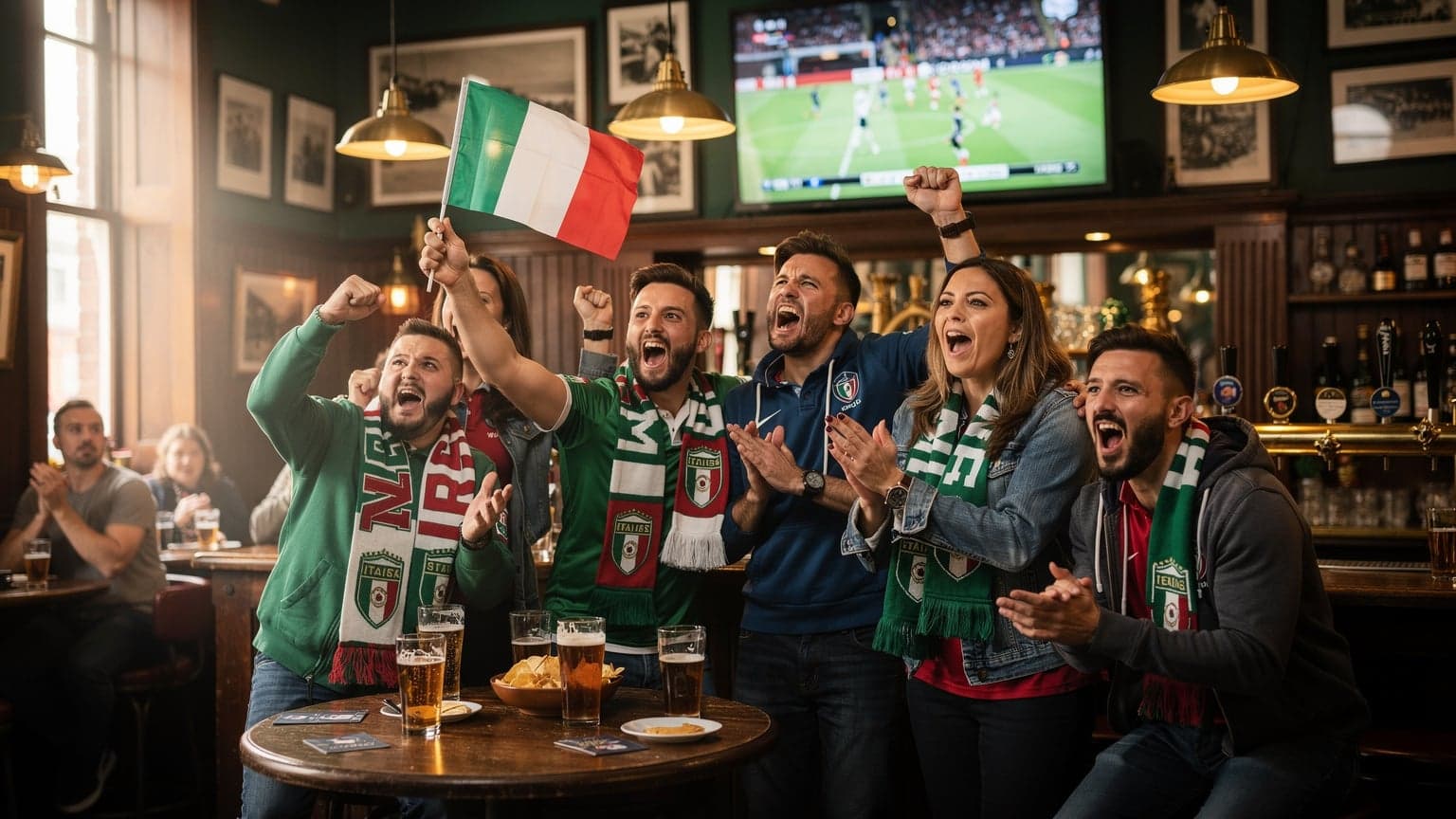 Un gruppo di tifosi italiani entusiasti, avvolti nella bandiera tricolore, festeggia in un pub tradizionale di Londra, con lo schermo della TV che mostra una partita di calcio in sottofondo.