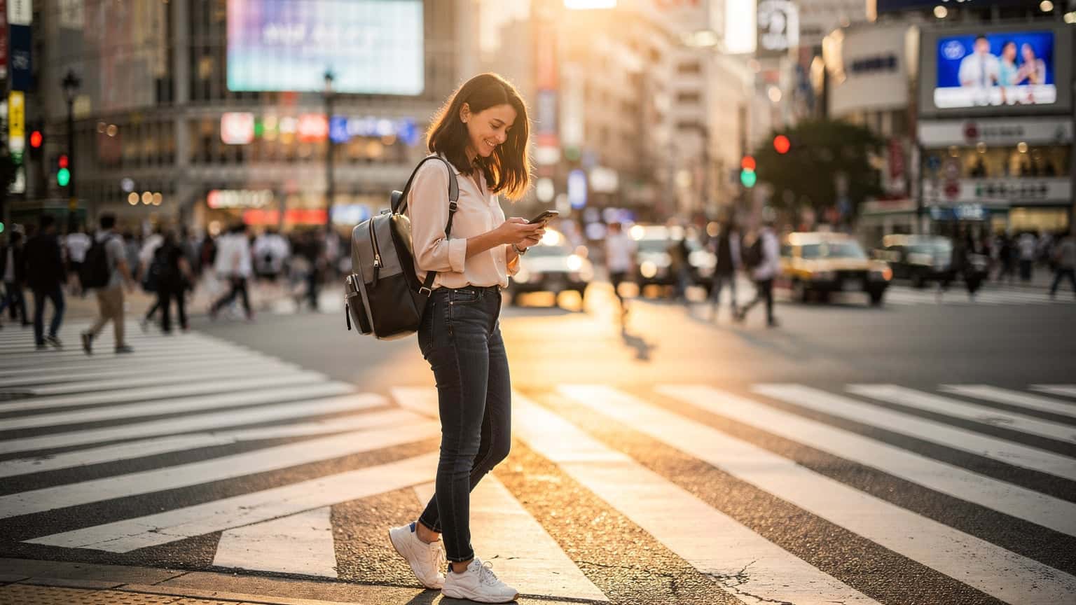 A traveler looking at their smartphone for directions near the iconic Shibuya Crossing in Tokyo, surrounded by neon signs and a bustling crowd.