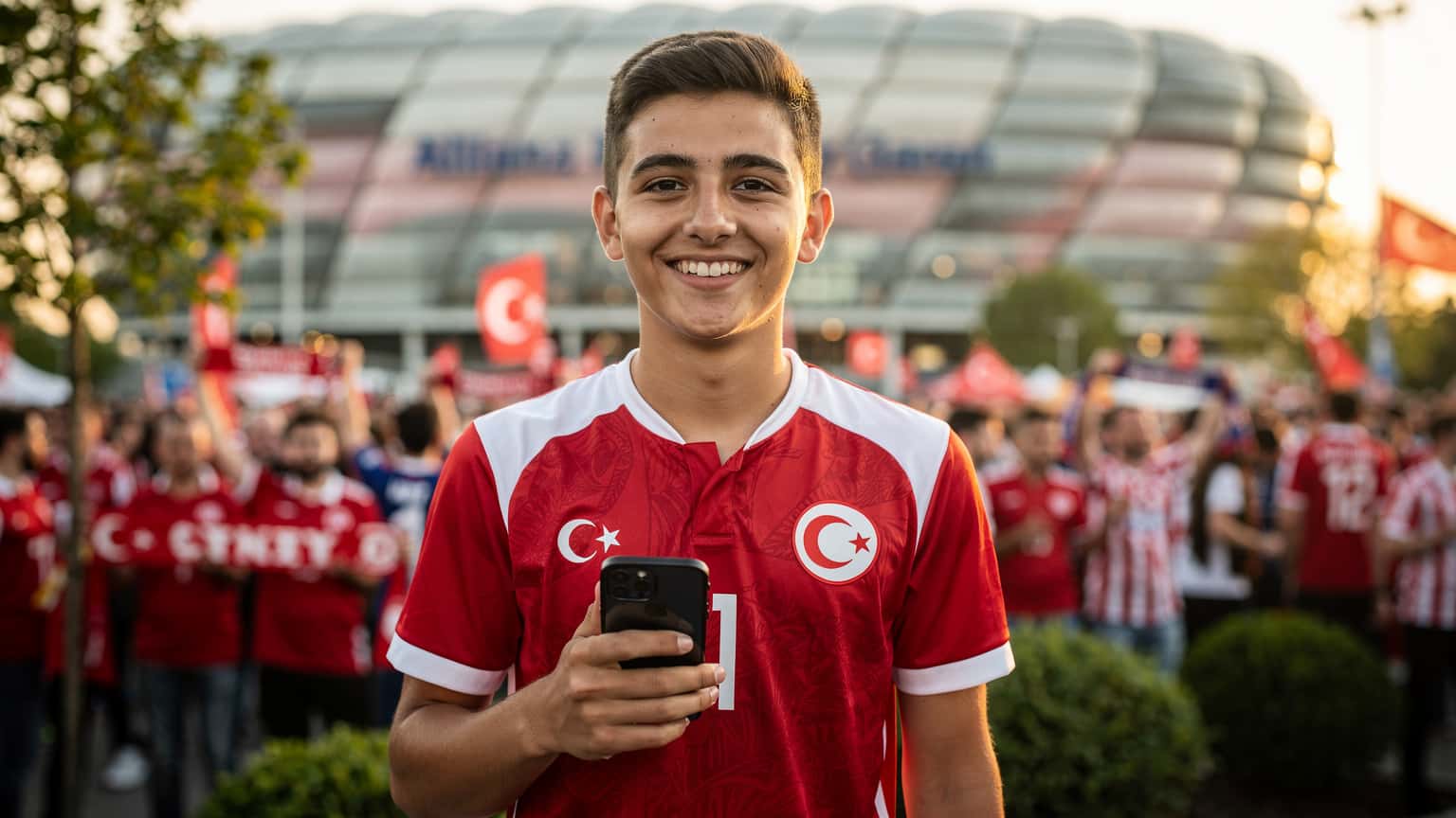 Münih Allianz Arena'nın dışındaki bir taraftar bölgesinde, elinde akıllı telefonuyla gülümseyen genç bir Türk futbolseverin portresi.