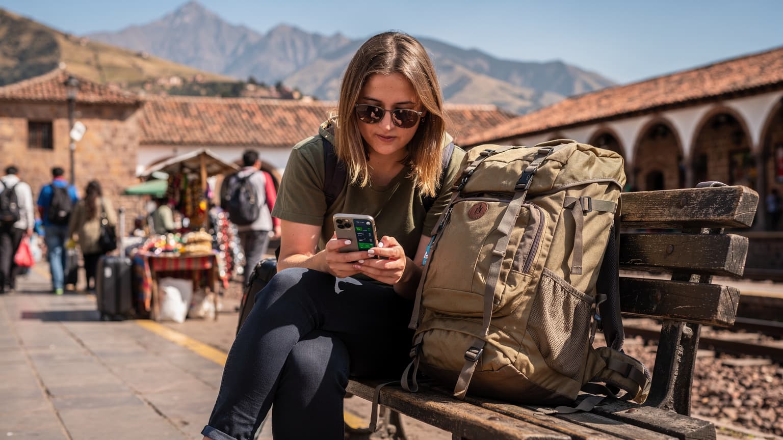 Uma jovem mochileira com cabelos castanhos claros e óculos de sol, verificando o smartphone com um eSIM ativado, sentada em um banco de madeira rústico em uma estação de trem movimentada em Cusco, Peru, com a mochila grande encostada ao lado. Ao fundo, passageiros e vendedores locais se movimentam, e as montanhas andinas se elevam sob um céu azul claro.