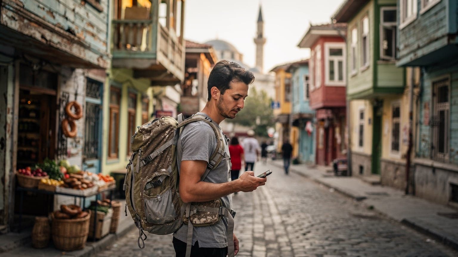 İstanbul'da tarihi Yarımada'nın dar sokaklarından birinde, elinde akıllı telefonuyla yol tarifi bakan, sırt çantalı bir gezgin. Arkasında eski bir Osmanlı çeşmesi ve hareketli bir yerel pazar standı görünüyor.