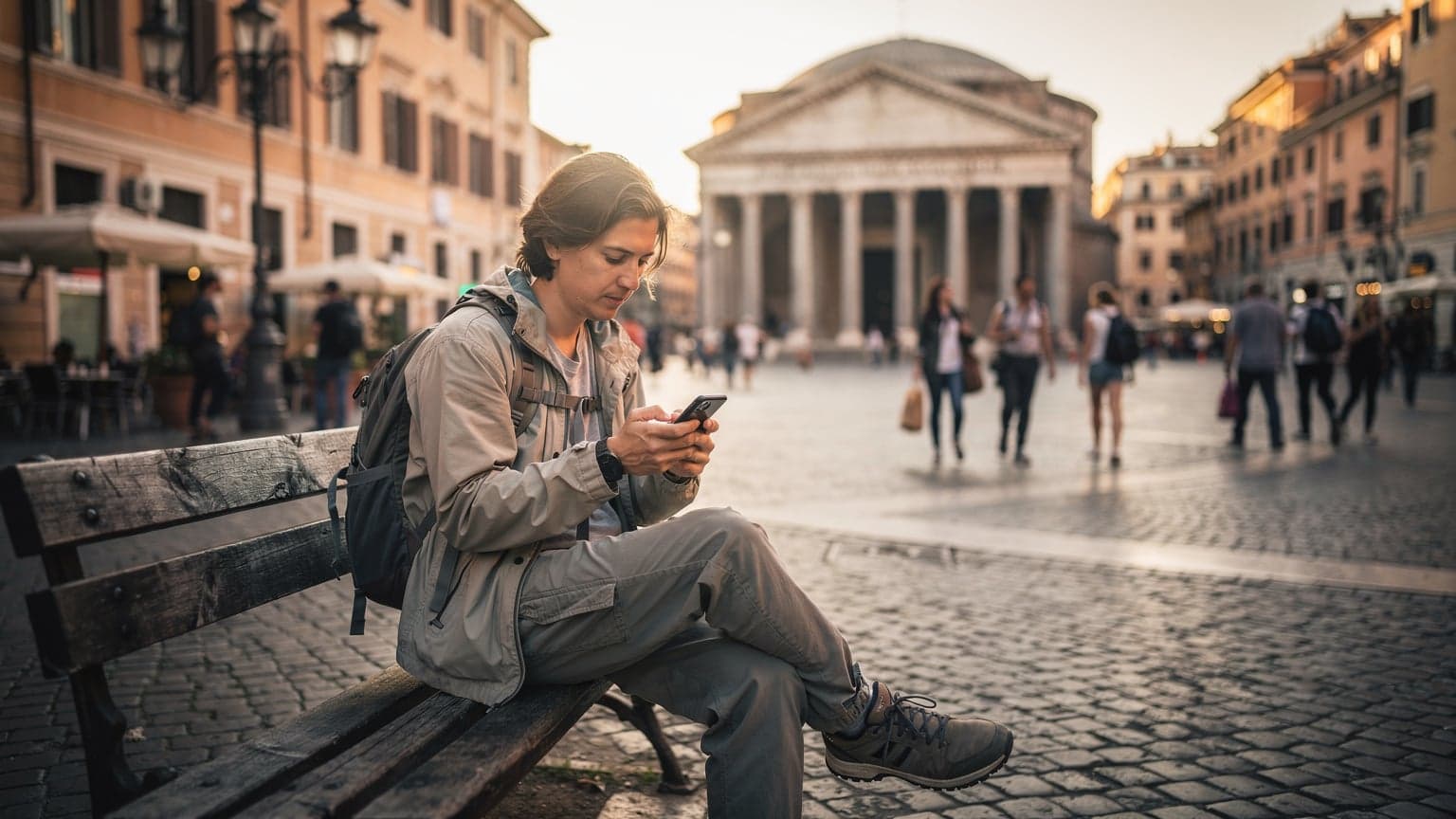 Un viaggiatore zaino in spalla controlla il suo smartphone con un'eSIM attiva, seduto su una panchina in Piazza Navona a Roma, con il Pantheon visibile sullo sfondo.
