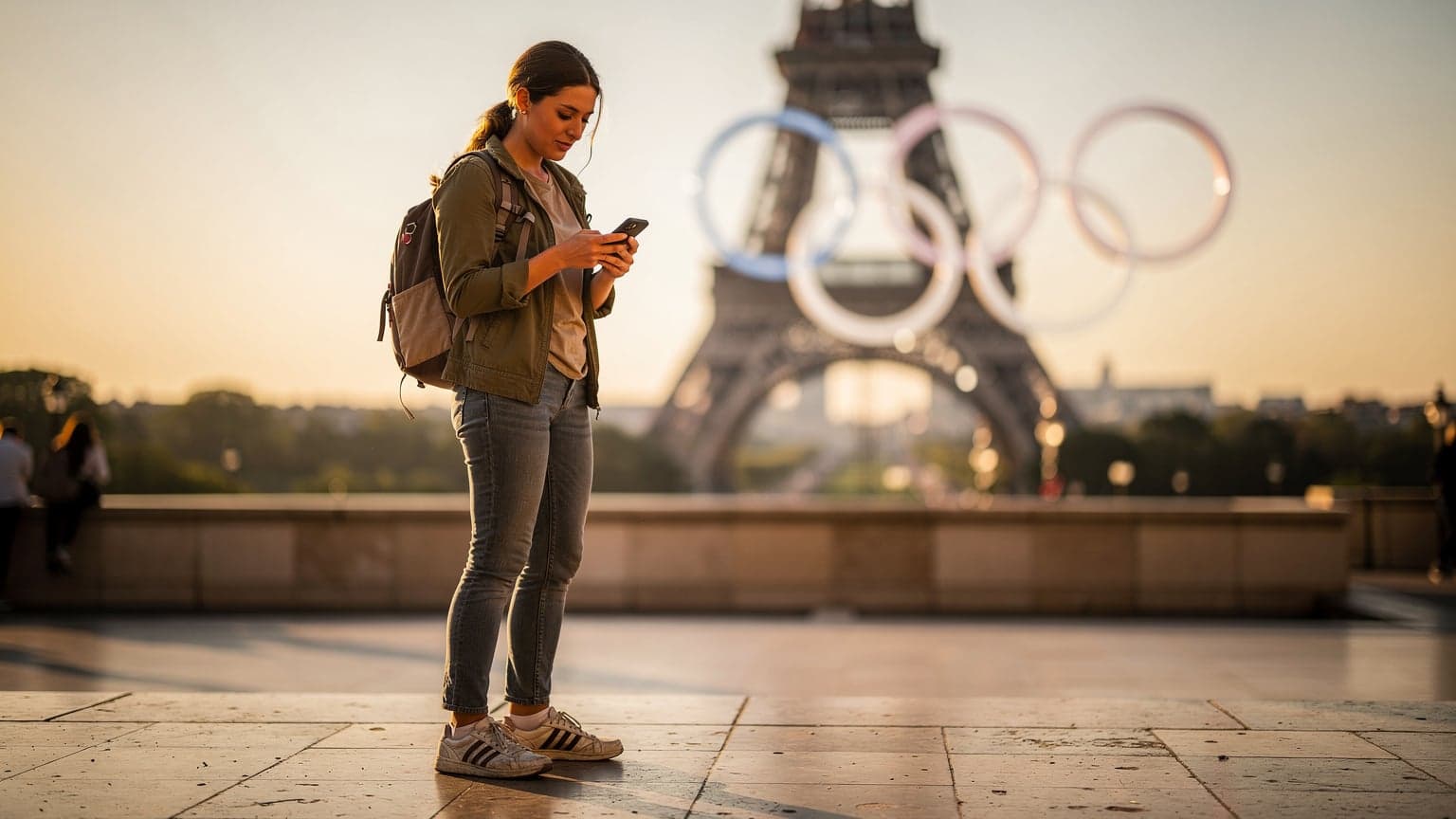 Une voyageuse souriante, téléphone à la main, vérifiant son itinéraire sur son eSIM près de la Tour Eiffel illuminée, avec des anneaux olympiques en arrière-plan flou.