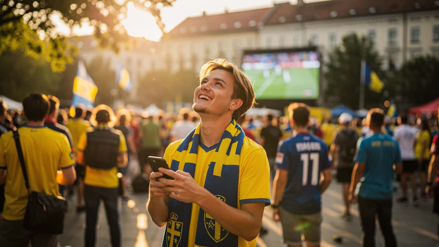 En glad svensk fotbollssupporter i Tyskland, med en mobiltelefon i handen, ser på en storbildsskärm med en fotbollsmatch i bakgrunden vid en uteservering i München.
