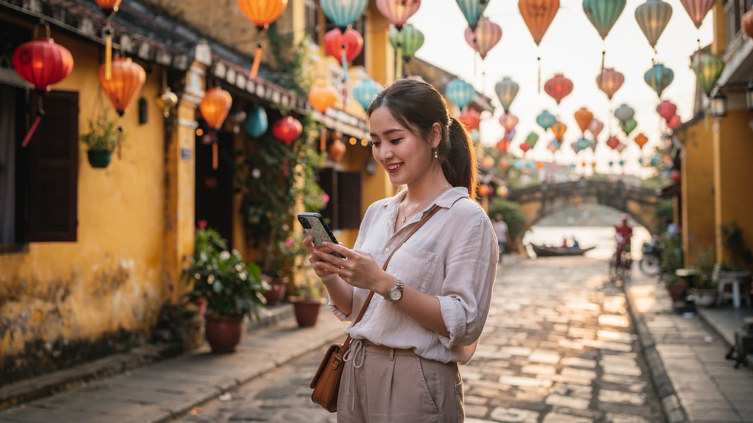 Một phụ nữ Việt Nam trẻ đang mỉm cười, cầm điện thoại thông minh xem bản đồ kỹ thuật số, đứng giữa khu phố cổ Hội An với đèn lồng rực rỡ và kiến trúc truyền thống, chuẩn bị cho chuyến đi 2/9.