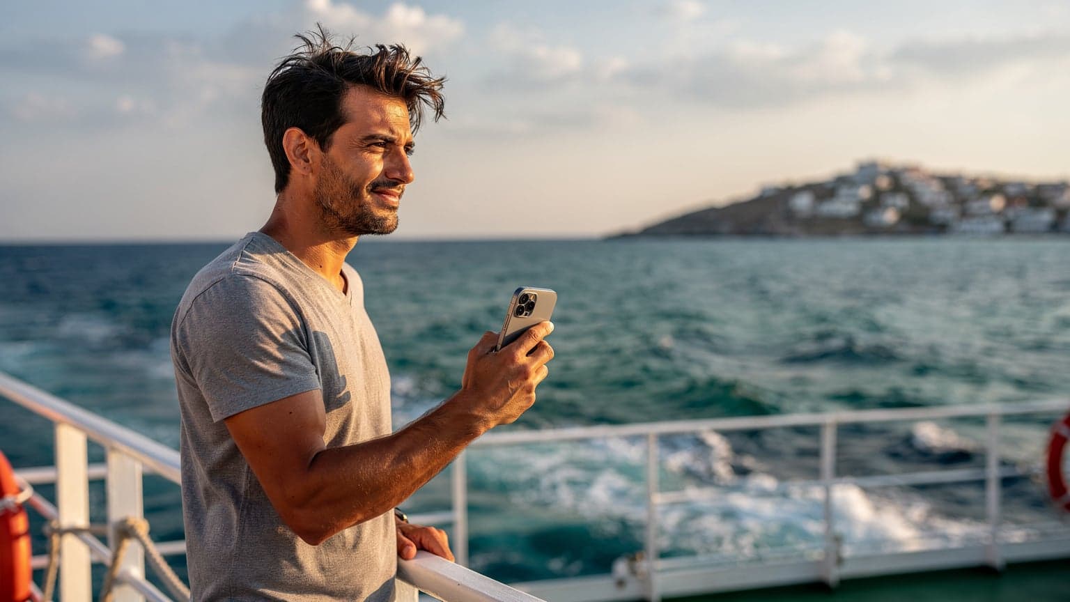 Ένας νεαρός άνδρας με ένα iPhone στο χέρι, κοιτάζει τη θάλασσα από ένα κατάστρωμα πλοίου που πλέει στο Αιγαίο Πέλαγος, με το φως του ήλιου να αντανακλά στα νερά.