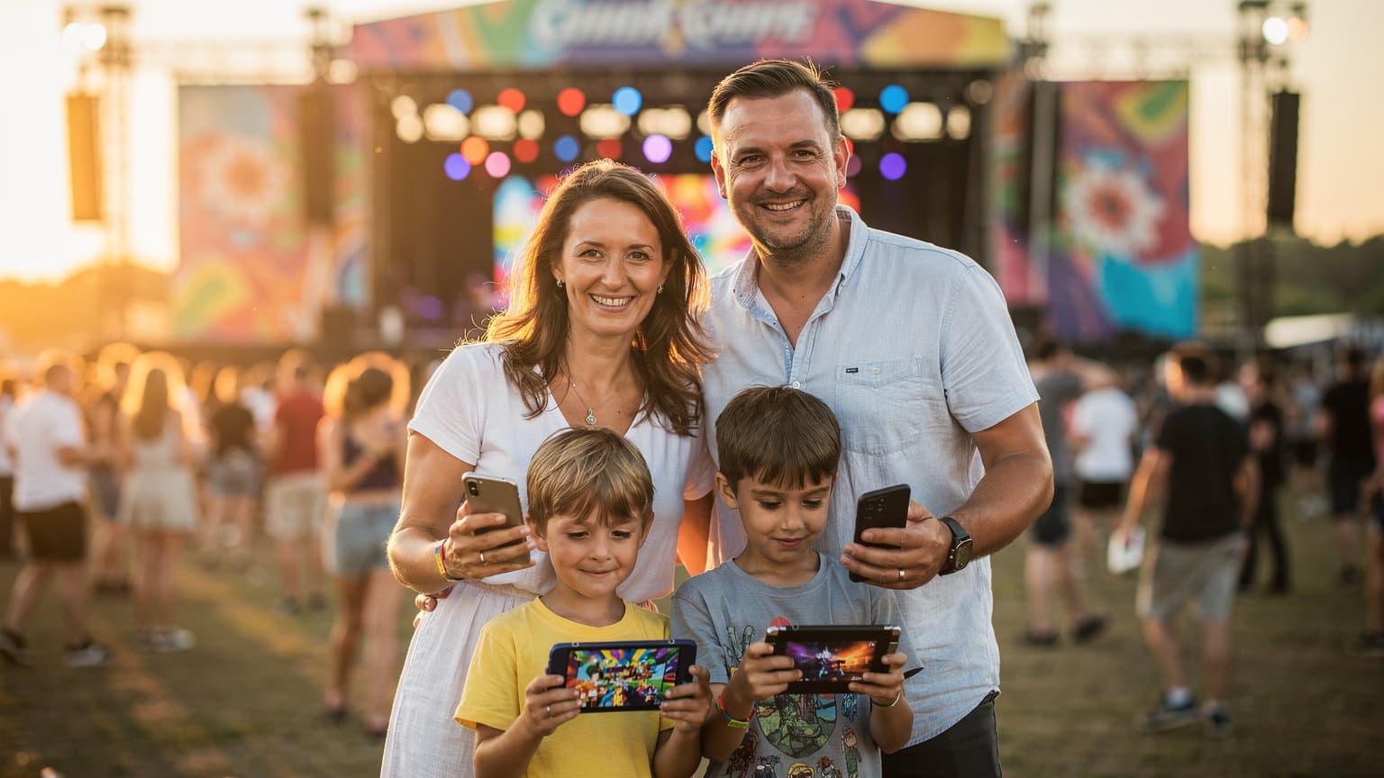 Rodzina z dwójką dzieci, w wieku około 8 i 11 lat, uśmiecha się, trzymając smartfony na tle kolorowej sceny festiwalowej podczas zachodu słońca. Wszyscy są zadowoleni, a dzieci z zaciekawieniem patrzą na ekrany.