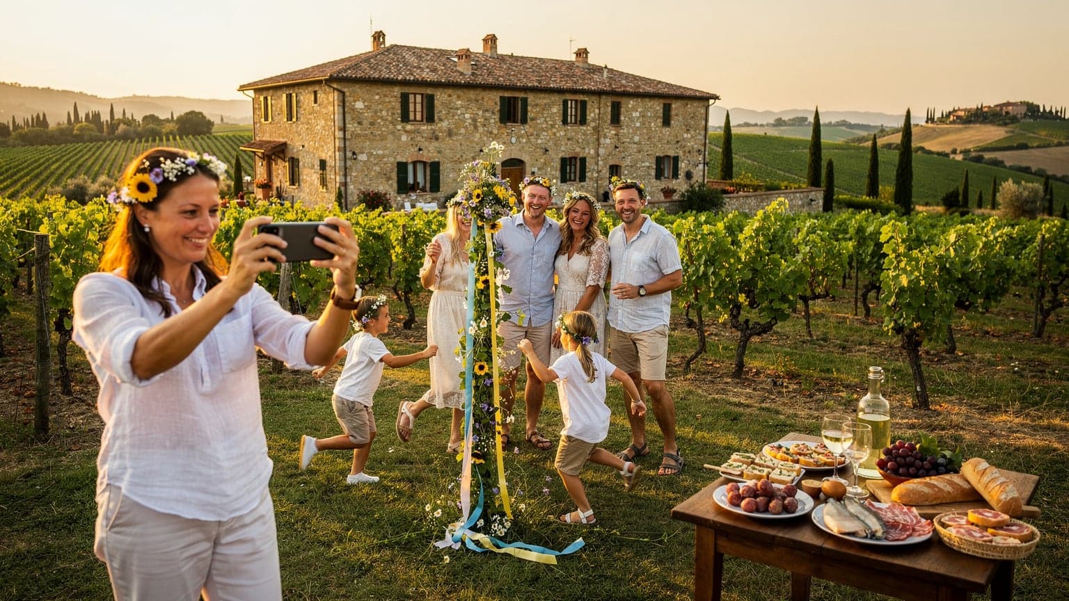 En svensk familj firar midsommar vid en charmig italiensk vingård i Toscana, en kvinna tar ett gruppfoto med sin smartphone medan barnen dansar runt en provisorisk midsommarstång.