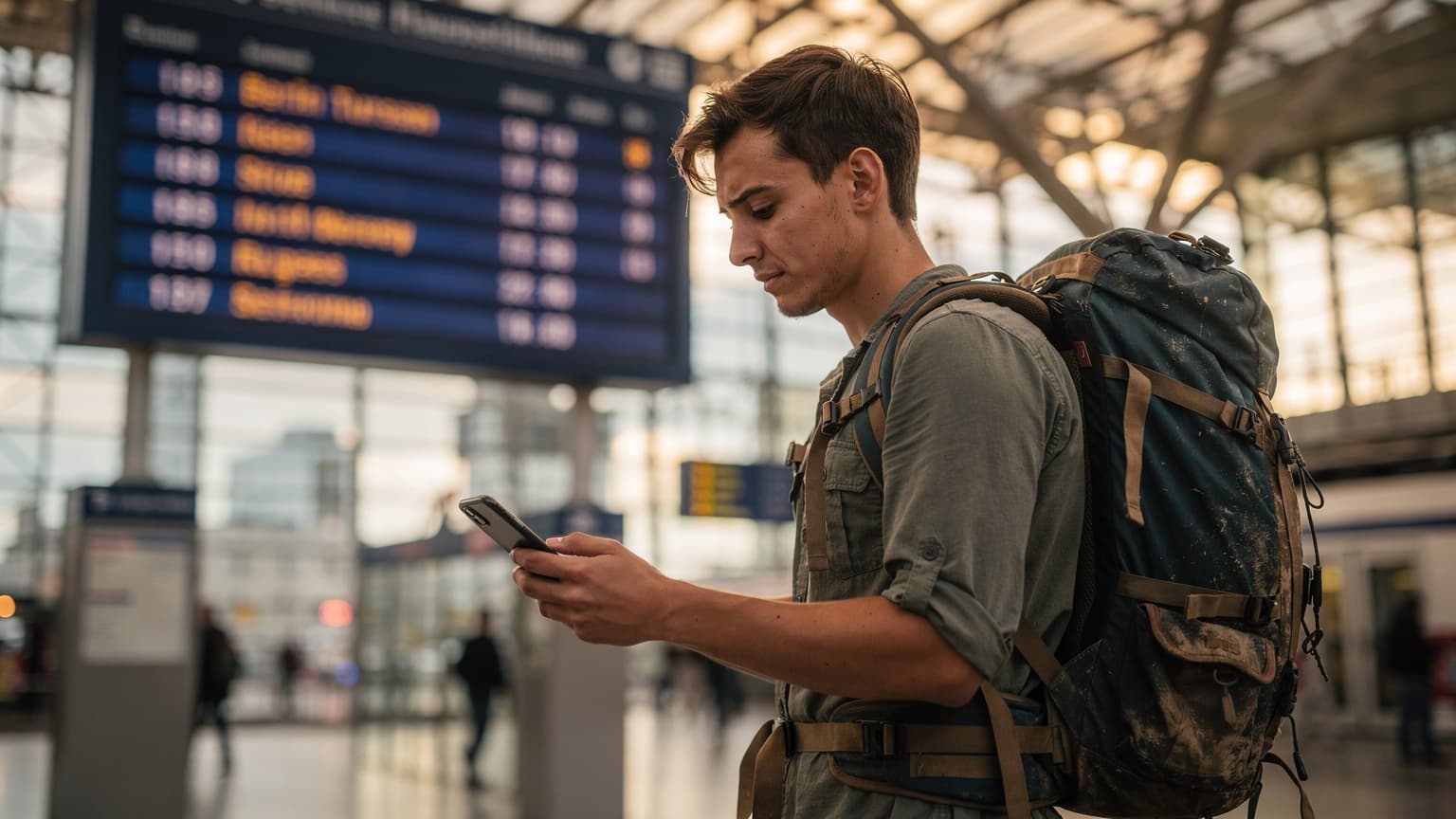 A backpacker in a busy European train station looking at their phone, comparing Vodafone eSIM options for their next destination.