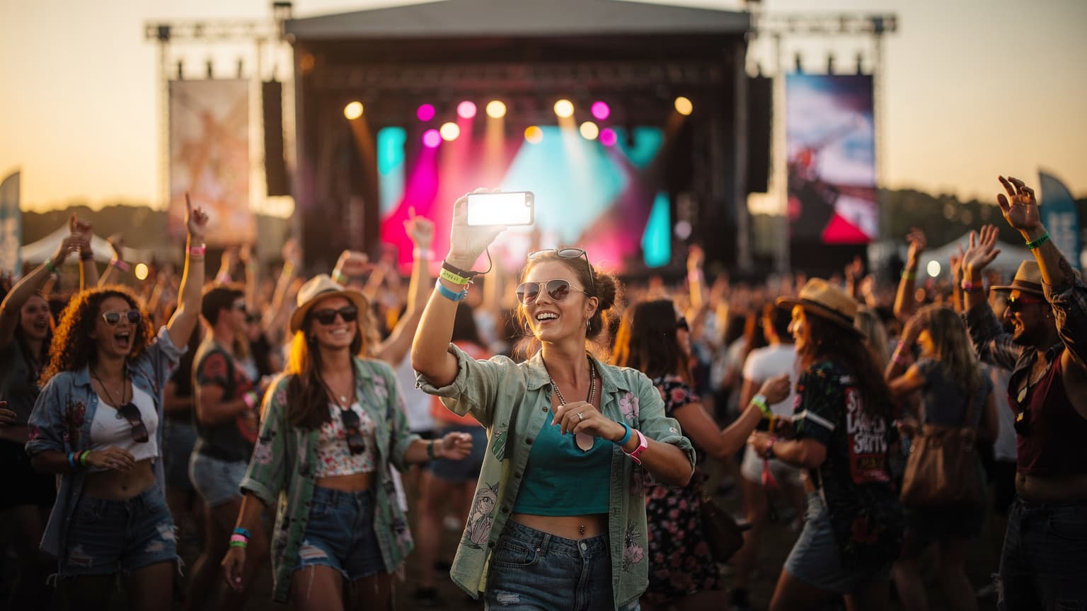 Jóvenes viajeros bailando y disfrutando en un concierto al aire libre en un festival de música en Europa, con luces de escenario de fondo y sus teléfonos móviles en mano para capturar el momento.