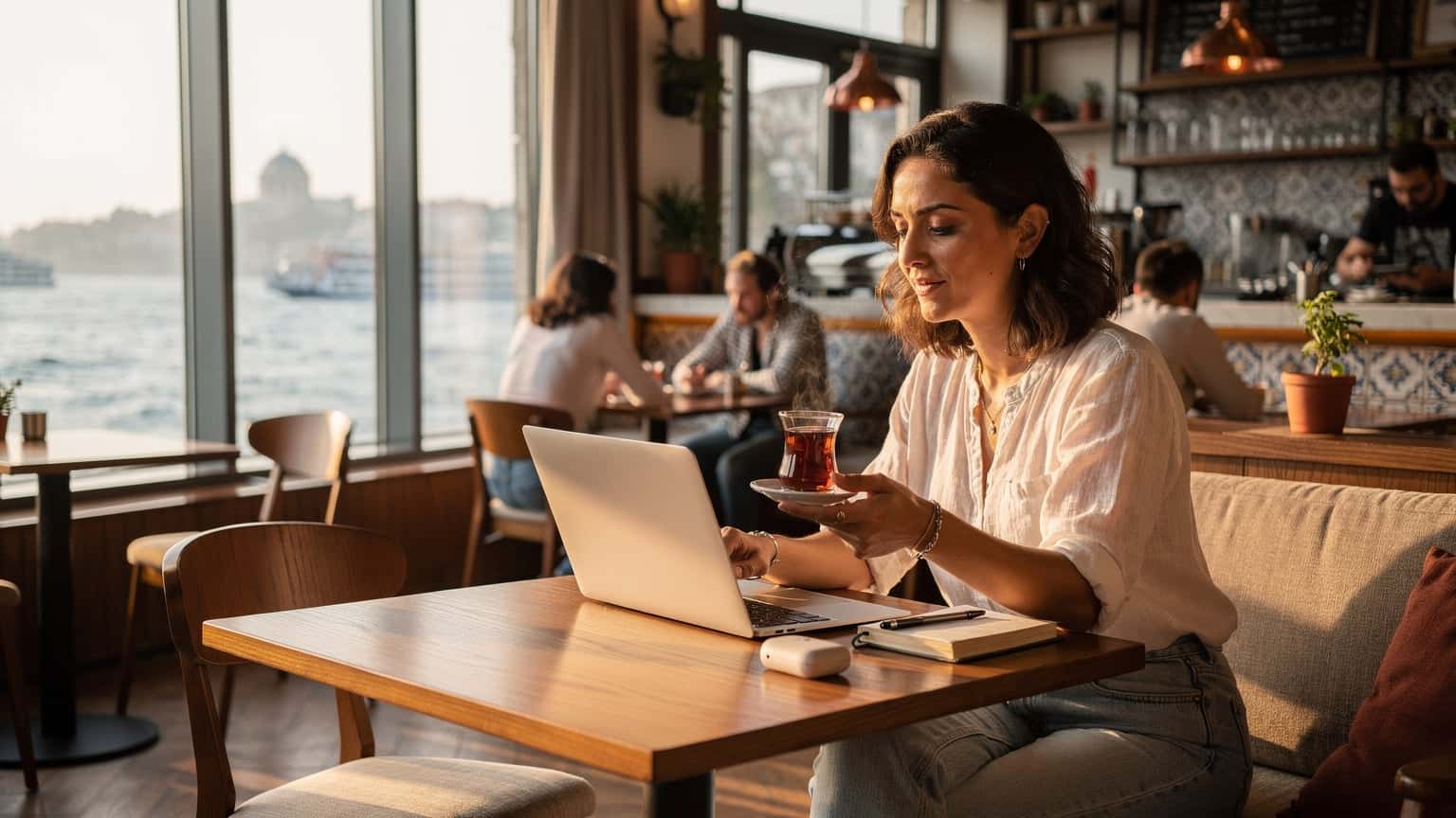 Eine digitale Nomadin sitzt in einem belebten Istanbuler Café, trinkt türkischen Tee und arbeitet konzentriert an ihrem Laptop, während im Hintergrund der Galataturm durch das Fenster zu sehen ist.