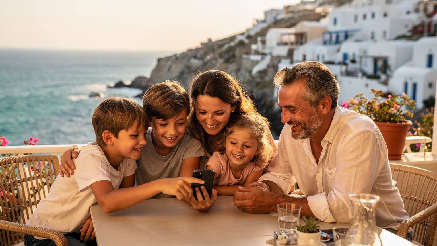 Une famille avec deux enfants, un garçon et une fille, souriant en regardant un smartphone affichant une carte sur une terrasse de café ensoleillée avec vue sur la mer Égée en Grèce.