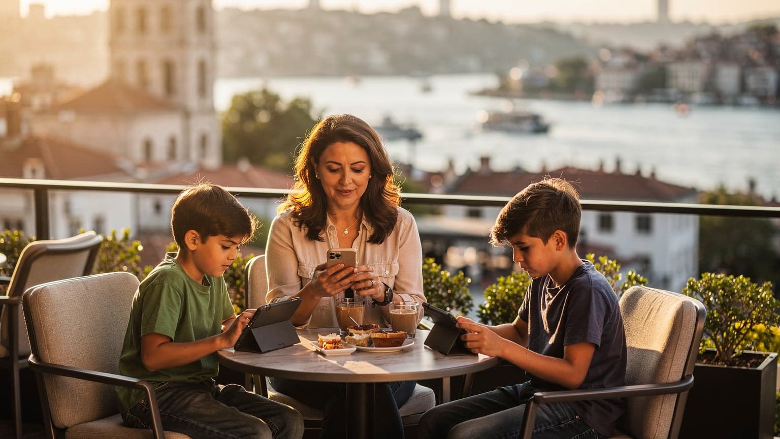İstanbul'daki bir teras kafede oturan, elinde telefonunu tutan bir anne, yanında tabletleriyle oynayan iki çocuğunu izliyor. Arka planda Boğaz ve tarihi yarımada manzarası var.