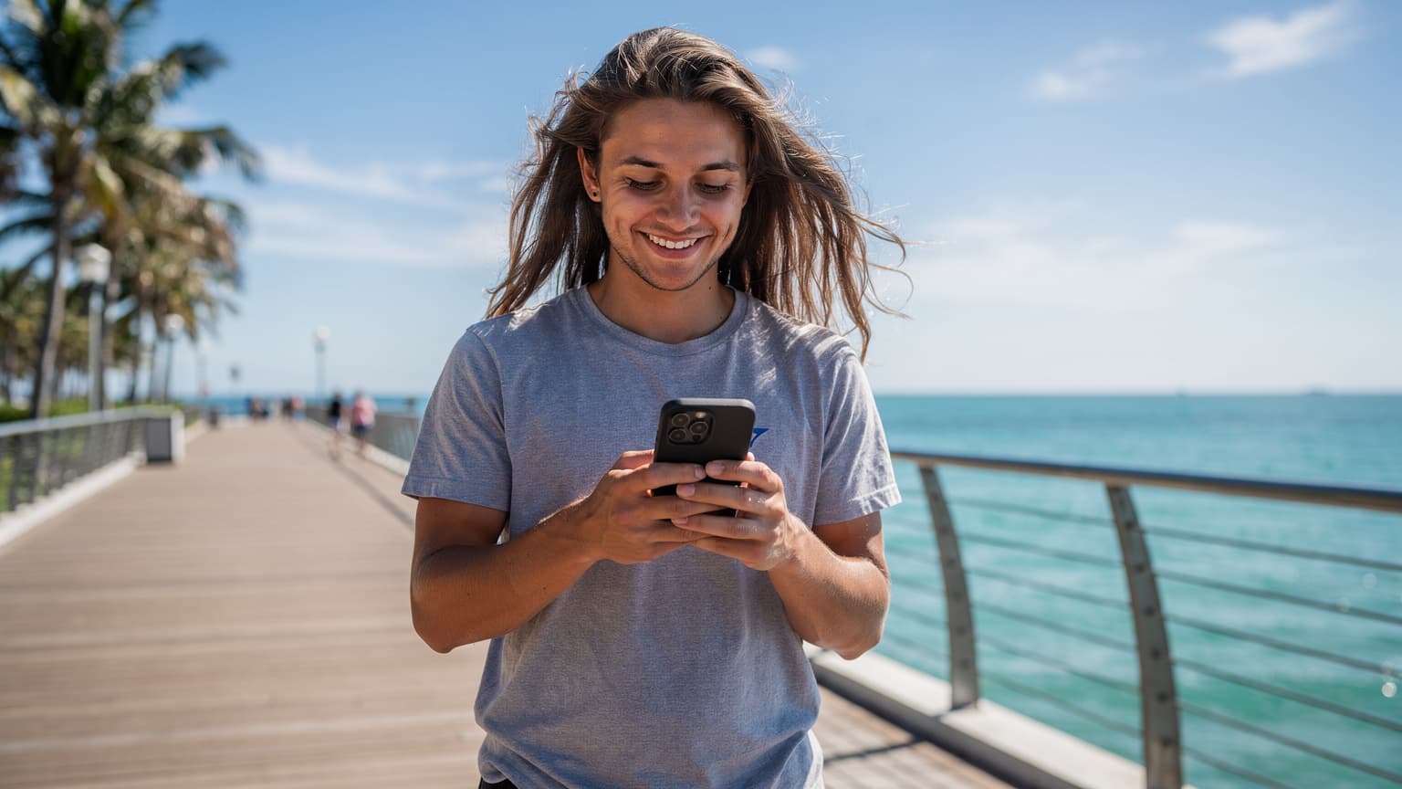 Una persona sonriendo mientras mira su teléfono en el muelle de St. Pete Beach, Florida, con un cielo azul brillante y palmeras al fondo.