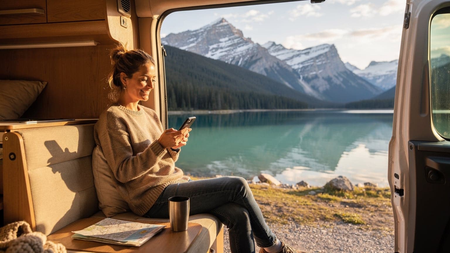 Eine Person sitzt in einem Campervan an einem See in den kanadischen Rocky Mountains und schaut auf ihr Smartphone, während die Sonne langsam untergeht.
