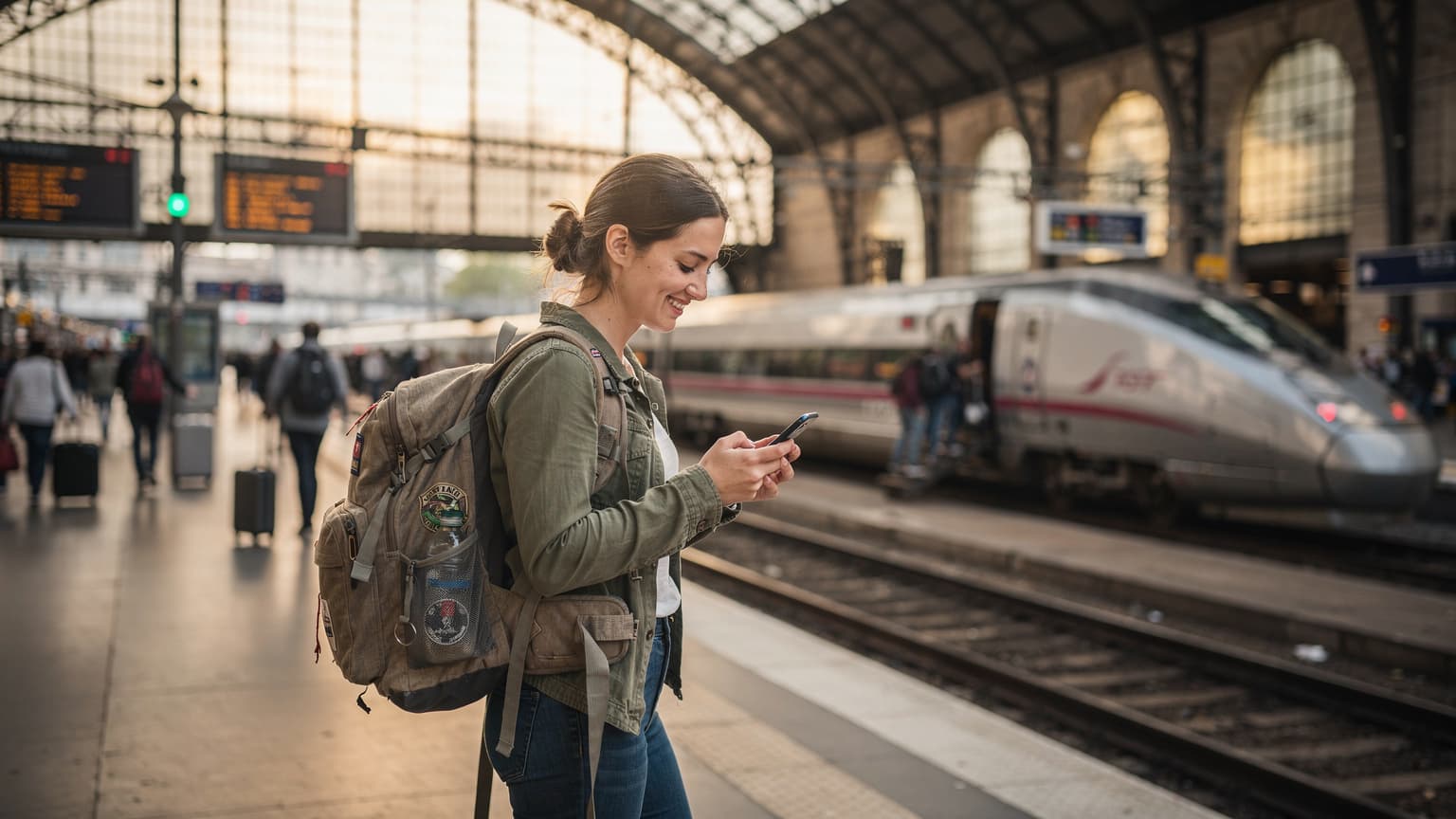 Una mochilera joven y sonriente con una mochila grande consulta su móvil en la estación de tren Gare du Nord en París, con los andenes llenos de gente y trenes de alta velocidad TGV al fondo, a la luz de la tarde.