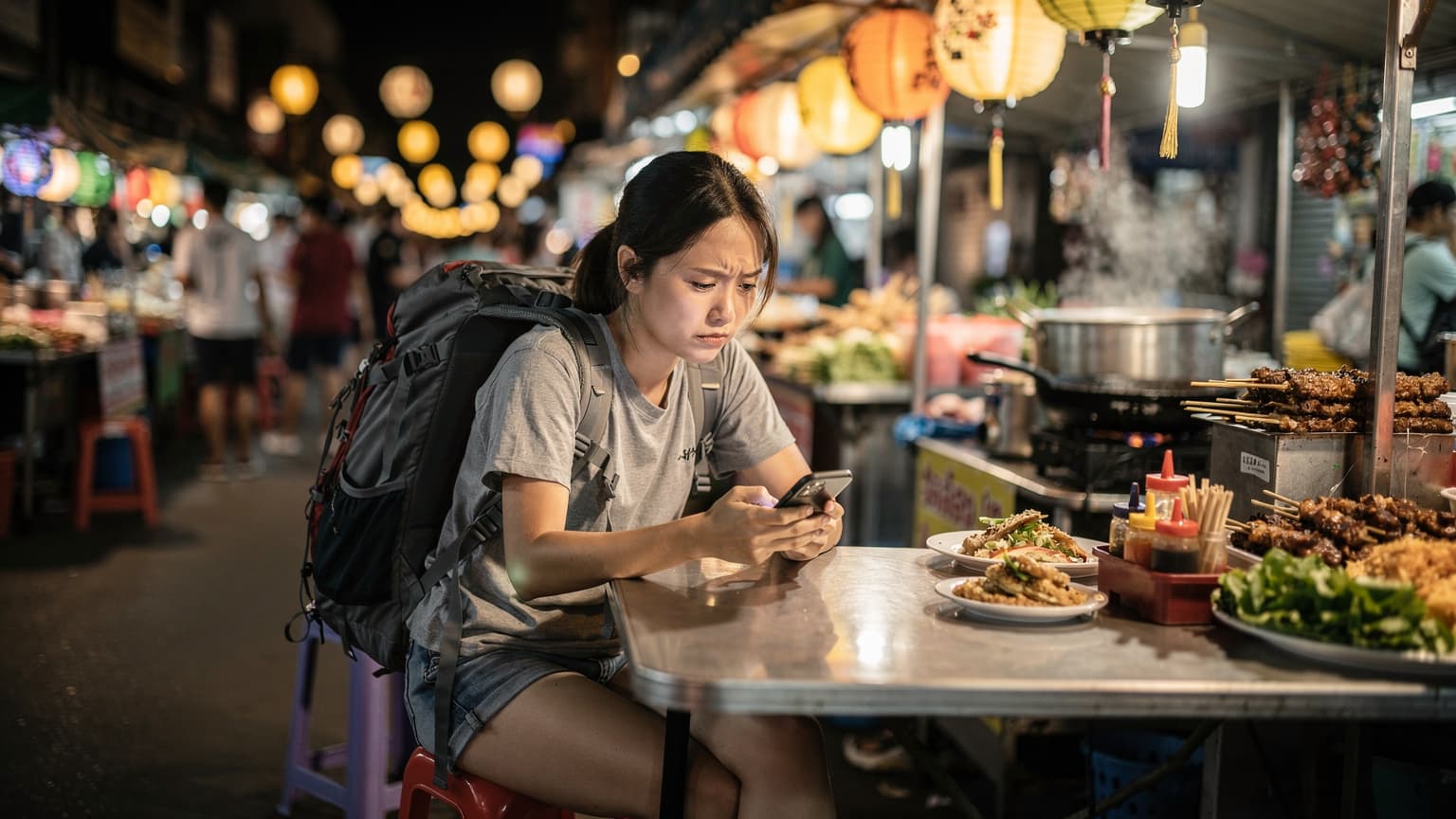 一名中國年輕女性背包客在泰國清邁街頭, 坐在路邊小攤旁, 手持智能手機查看地圖, 臉上略顯困惑, 背景是熙熙攘攘的夜市和當地特色建築。