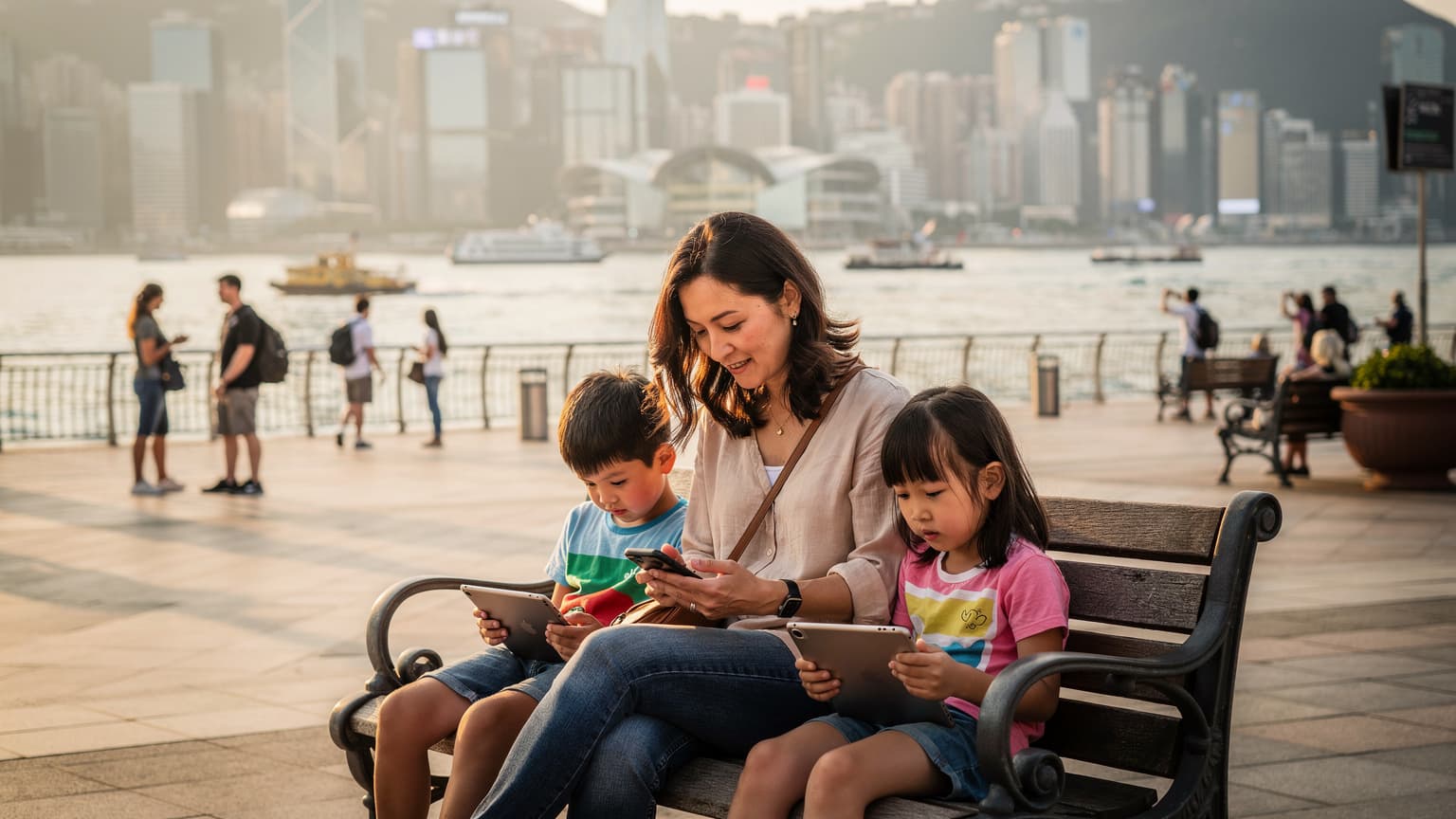 一個媽媽和她的兩個孩子在香港中環海濱長廊,背景是維多利亞港和天際線,媽媽正在手機上查看路線,孩子們則在平板電腦上觀看動畫片,畫面溫馨而充滿活力的家庭旅行氛圍。