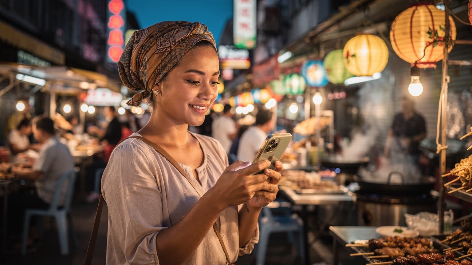 Seorang wanita tersenyum sambil memegang iPhone di tangan kanannya, melihat ke arah layar, dengan latar belakang Jalan Alor yang ramai di Kuala Lumpur saat senja, lampu-lampu neon mulai menyala.